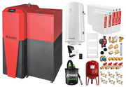Pachet Centrala mixta Lemn/Pelet Fornello Tera 28 kW, calorifere otel, boiler, termostat, aspirator, pompa, vas expansiune, fitinguri, aprindere automanta la peleti, buncar peleti 95 kg, creuzet fonta, curatarea facila, pentru 180 mp