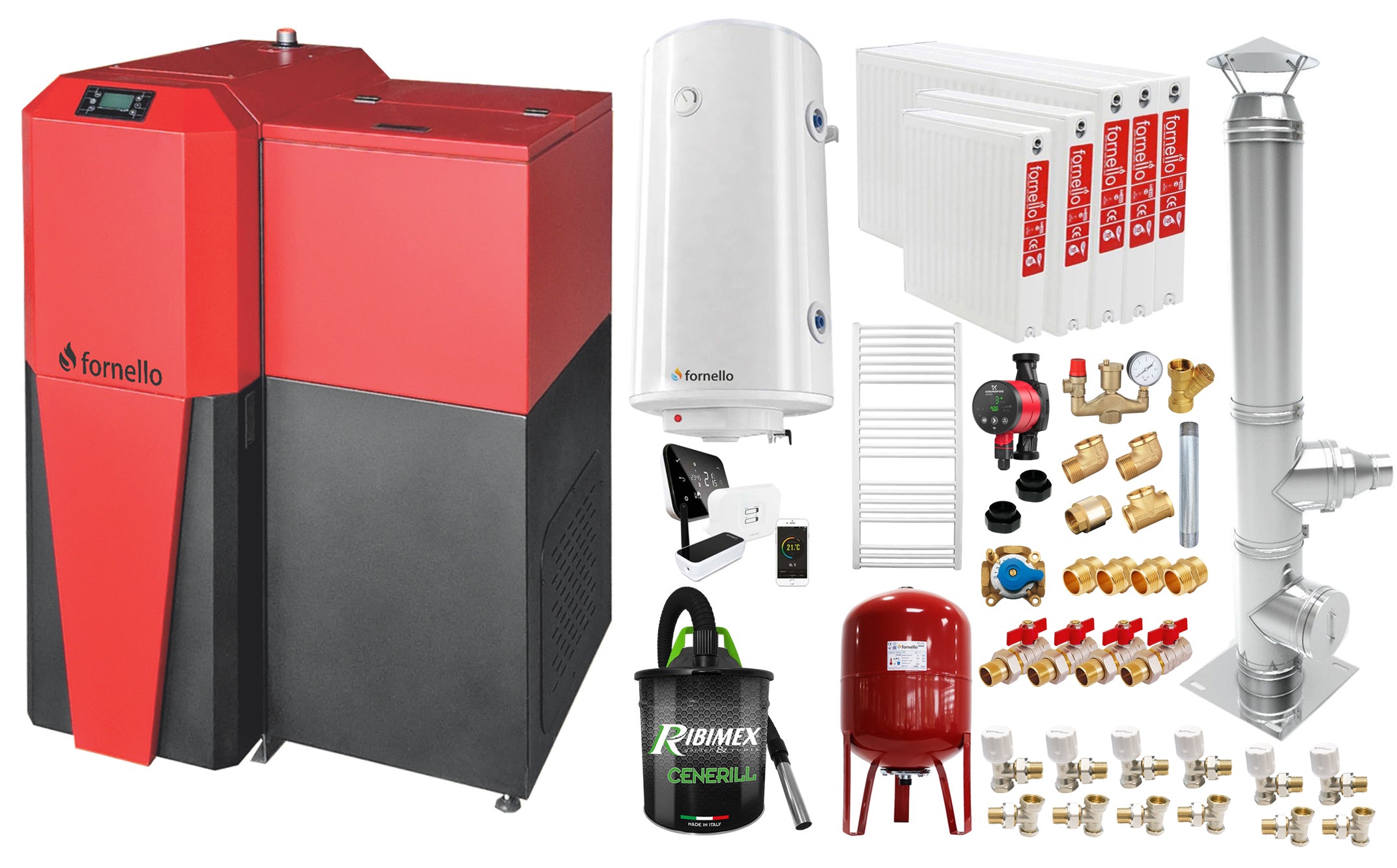 Pachet Centrala mixta Lemn/Pelet Fornello Tera 28 kW, calorifere otel, cos inox, boiler, termostat, aspirator, pompa, vas expansiune, fitinguri, aprindere automanta la peleti, buncar peleti 95 kg, creuzet fonta, curatarea facila, pentru 180 mp