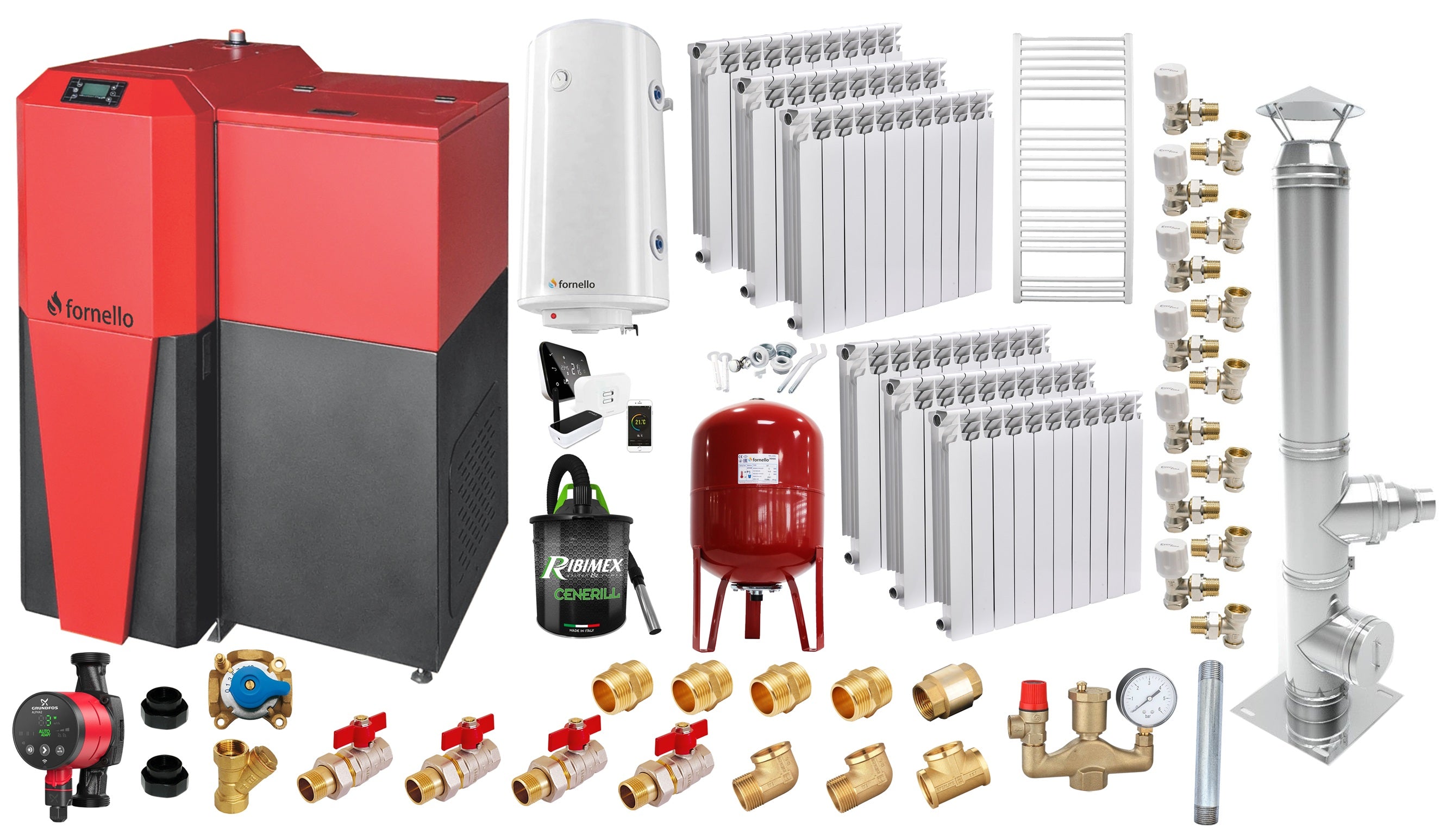 Pachet Centrala mixta Lemn/Pelet Fornello Tera 28 kW, calorifere aluminiu, cos inox, boiler, termostat, aspirator, pompa, vas expansiune, fitinguri, aprindere automanta la peleti, buncar peleti 95 kg, creuzet fonta, curatarea facila, pentru 180 mp