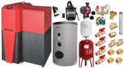 Pachet Centrala mixta Lemn/Pelet Fornello Tera 28 kW, boiler de sol, termostat, aspirator, pompa, vas expansiune, fitinguri, aprindere automanta la peleti, buncar peleti 95 kg, creuzet fonta, curatarea facila, pentru 180 mp