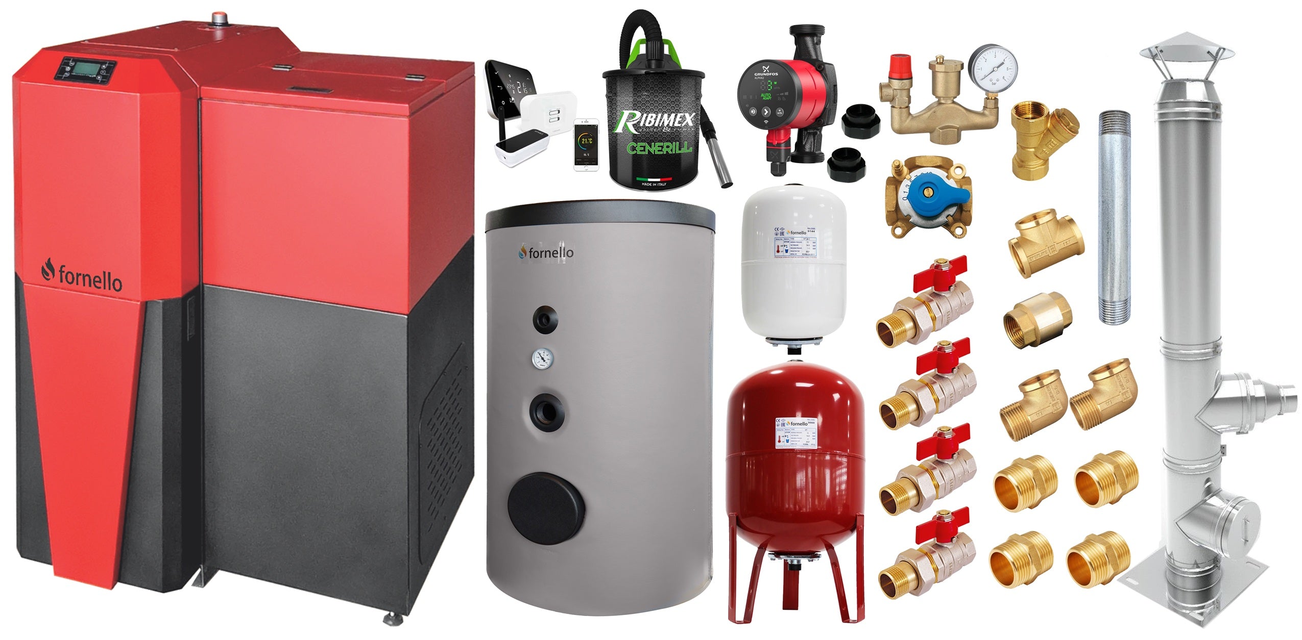Pachet Centrala mixta Lemn/Pelet Fornello Tera 28 kW, boiler de sol, cos inox, termostat, aspirator, pompa, vas expansiune, fitinguri, aprindere automanta la peleti, buncar peleti 95 kg, creuzet fonta, curatarea facila, pentru 180 mp
