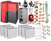 Pachet Centrala mixta Lemn/Pelet Fornello Tera 28 kW, boiler de sol, cos inox, calorifere aluminiu, termostat, aspirator, pompa, vas expansiune, fitinguri, aprindere automanta la peleti, buncar peleti 95 kg, creuzet fonta, pentru 180 mp