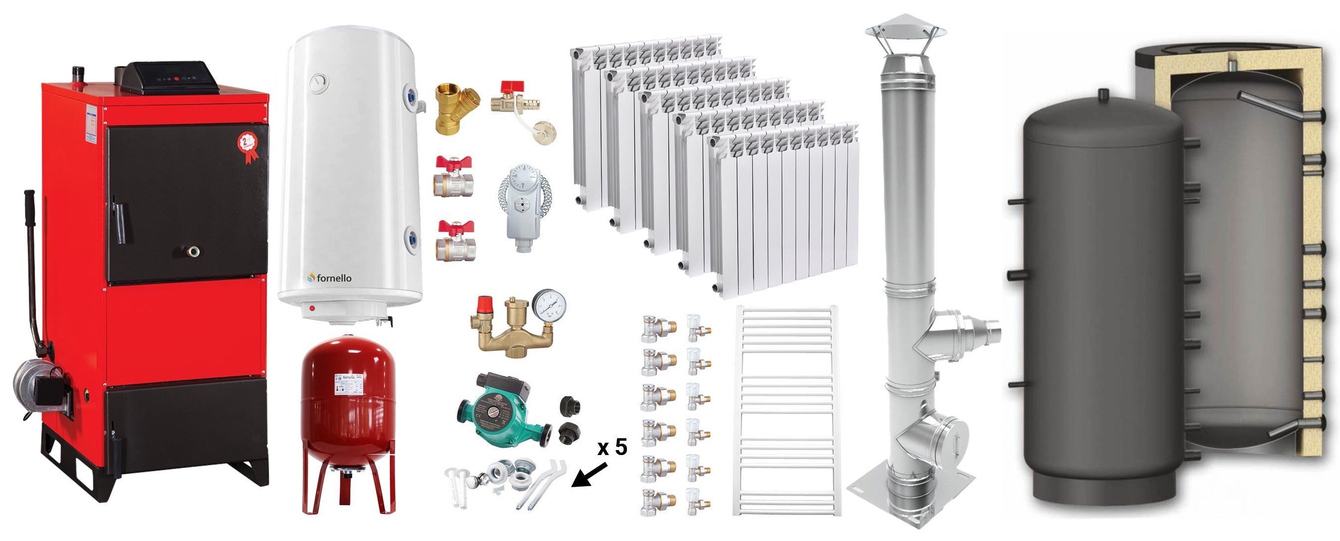 Pachet Centrala pe combustibil solid Fiama D2-25 Putere 29 kW, cu Ventilator si Automatizare, Puffer 800 litri, Cos inox, Calorifere aluminiu Fornello Alvo, Boiler Termoelectric, Pompa, Vas Expansiune si Fitinguri