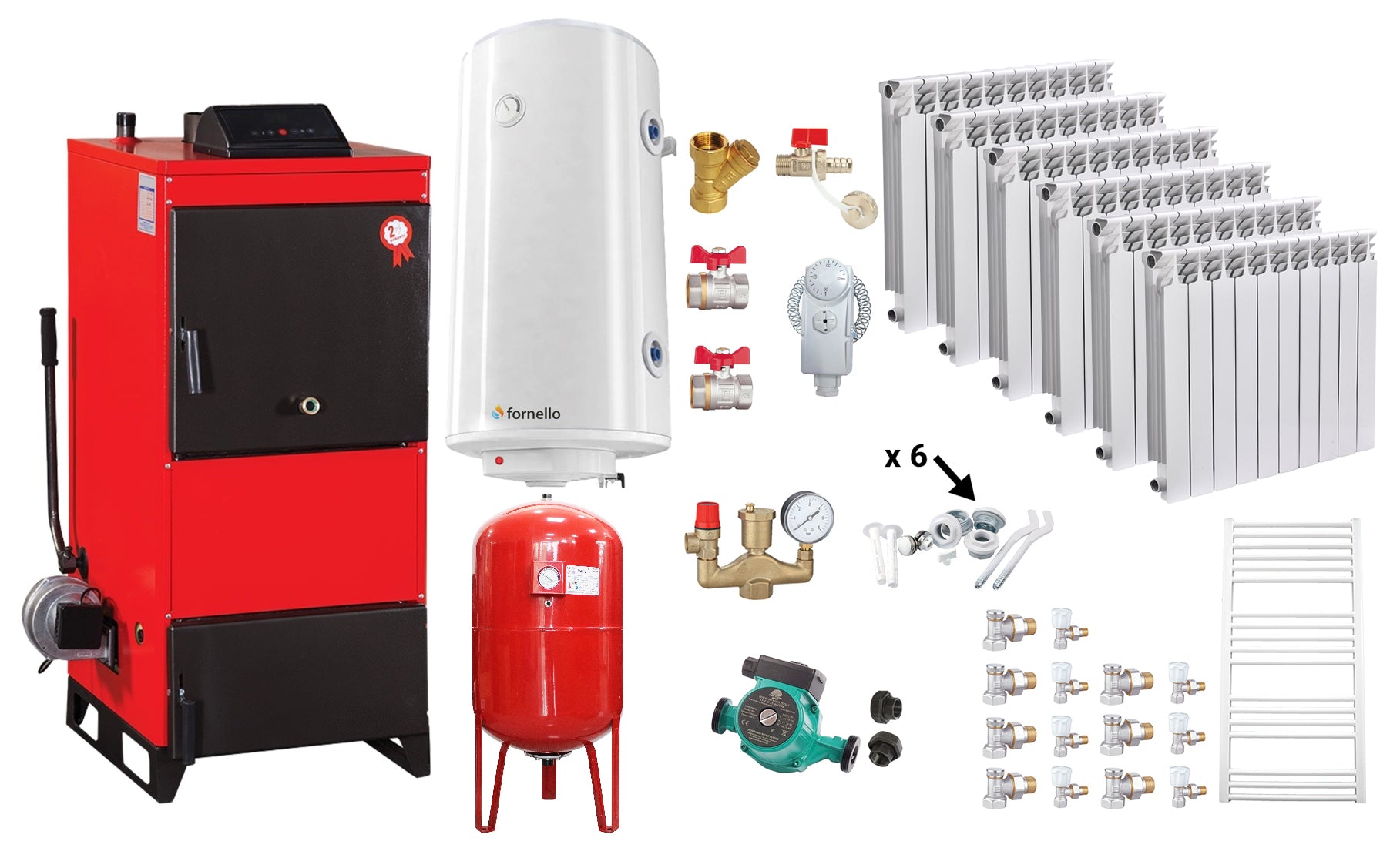 Pachet Centrala pe combustibil solid Fiama D2-40 Putere 46 kW, cu Ventilator si Automatizare, Calorifere Aluminiu Fornello Alvo, Boiler Termoelectric, Pompa, Vas Expansiune si Fitinguri