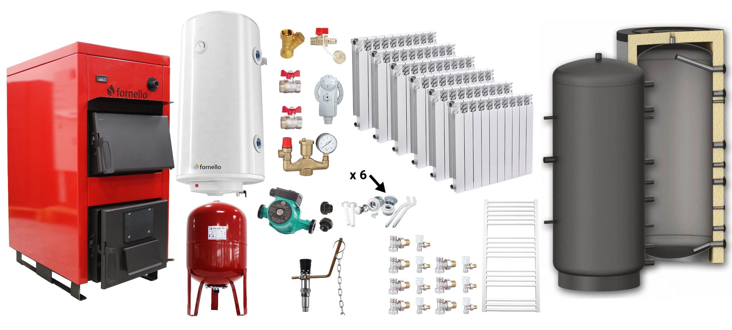 Pachet Centrala pe combustibil solid Fiama D2-40 Putere 46 kW, cu Ventilator si Automatizare, Puffer 1000 litri, Calorifere Aluminiu Fornello Alvo, Boiler Termoelectric, Pompa, Vas Expansiune si Fitinguri