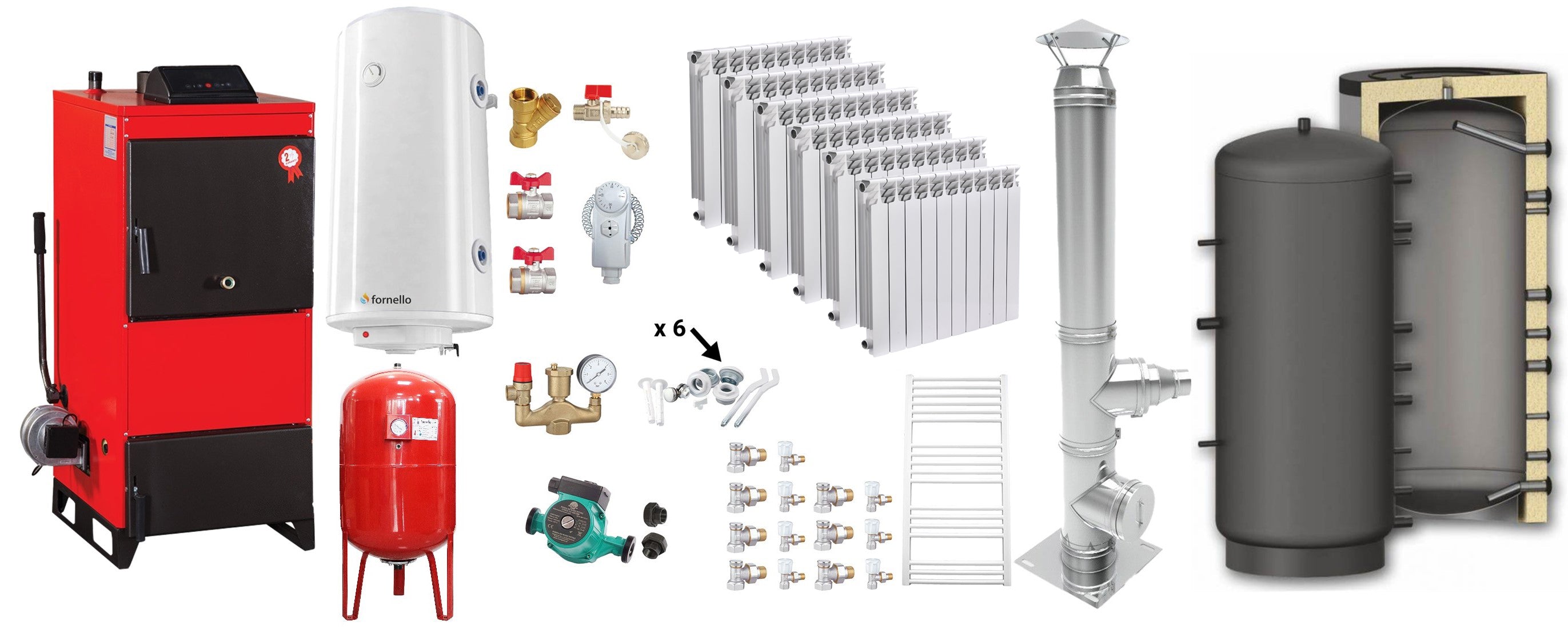 Pachet Centrala pe combustibil solid Fiama D2-40 Putere 46 kW, cu Ventilator si Automatizare, Puffer 1000 litri, Cos inox, Calorifere Aluminiu Fornello Alvo, Boiler Termoelectric, Pompa, Vas Expansiune si Fitinguri