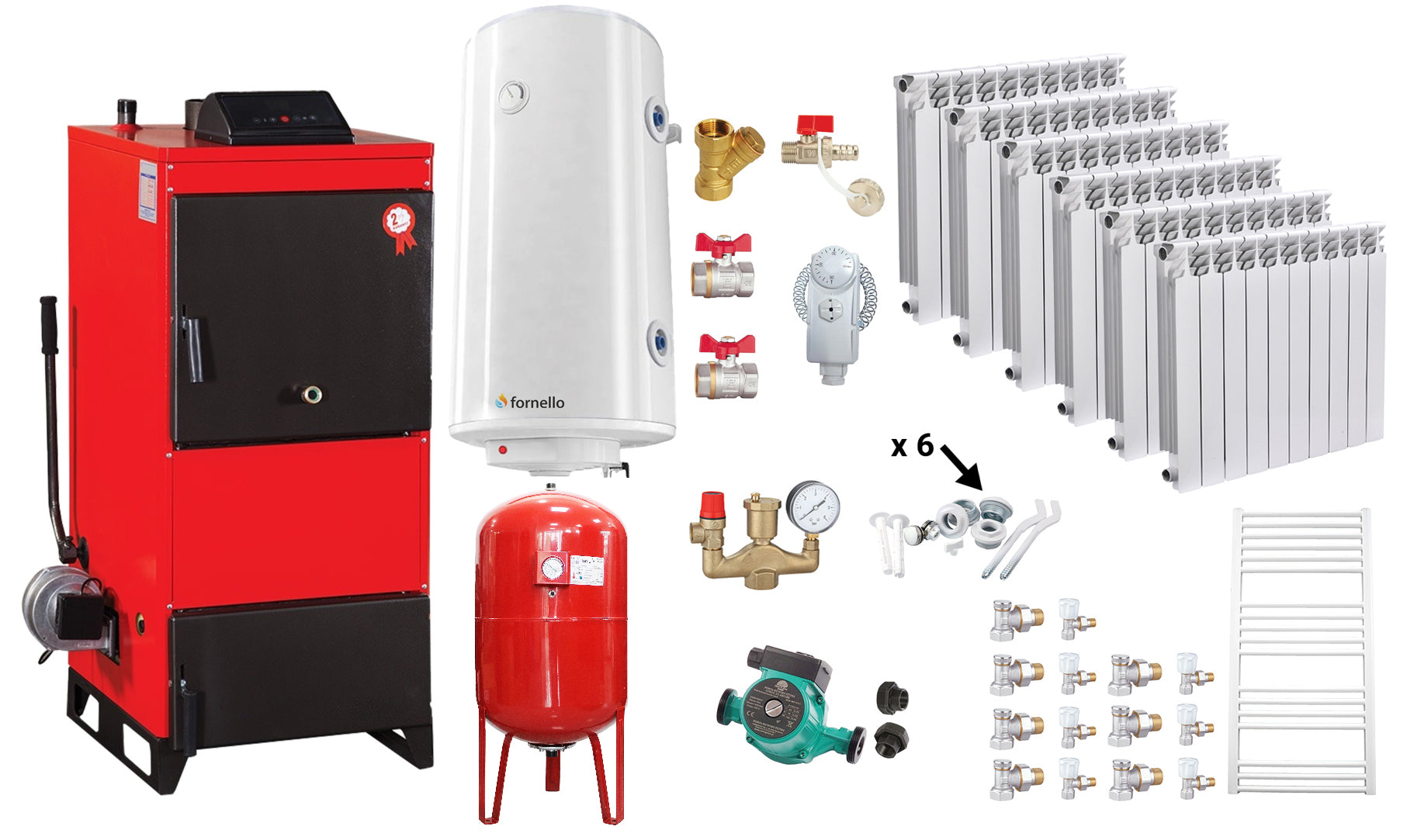 Pachet Centrala pe combustibil solid Fiama D2-60 Putere 70 kW, cu Ventilator si Automatizare, Calorifere aluminiu Fornello Alvo, Boiler Termoelectric, Pompa, Vas Expansiune si Fitinguri