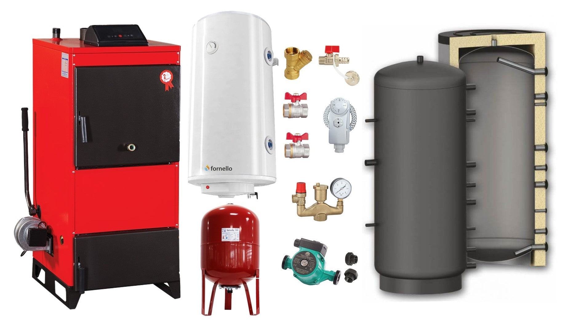 Pachet Centrala pe combustibil solid Fiama D2-25 Putere 29 kW, cu Ventilator si Automatizare, Puffer 800 litri, Boiler Termoelectric, Pompa, Vas Expansiune si Fitinguri