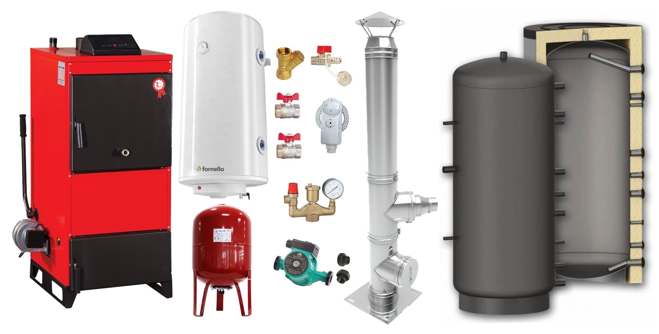 Pachet Centrala pe combustibil solid Fiama D2-25 Putere 29 kW, cu Ventilator si Automatizare, Puffer 800 litri, Cos inox, Boiler Termoelectric, Pompa, Vas Expansiune si Fitinguri