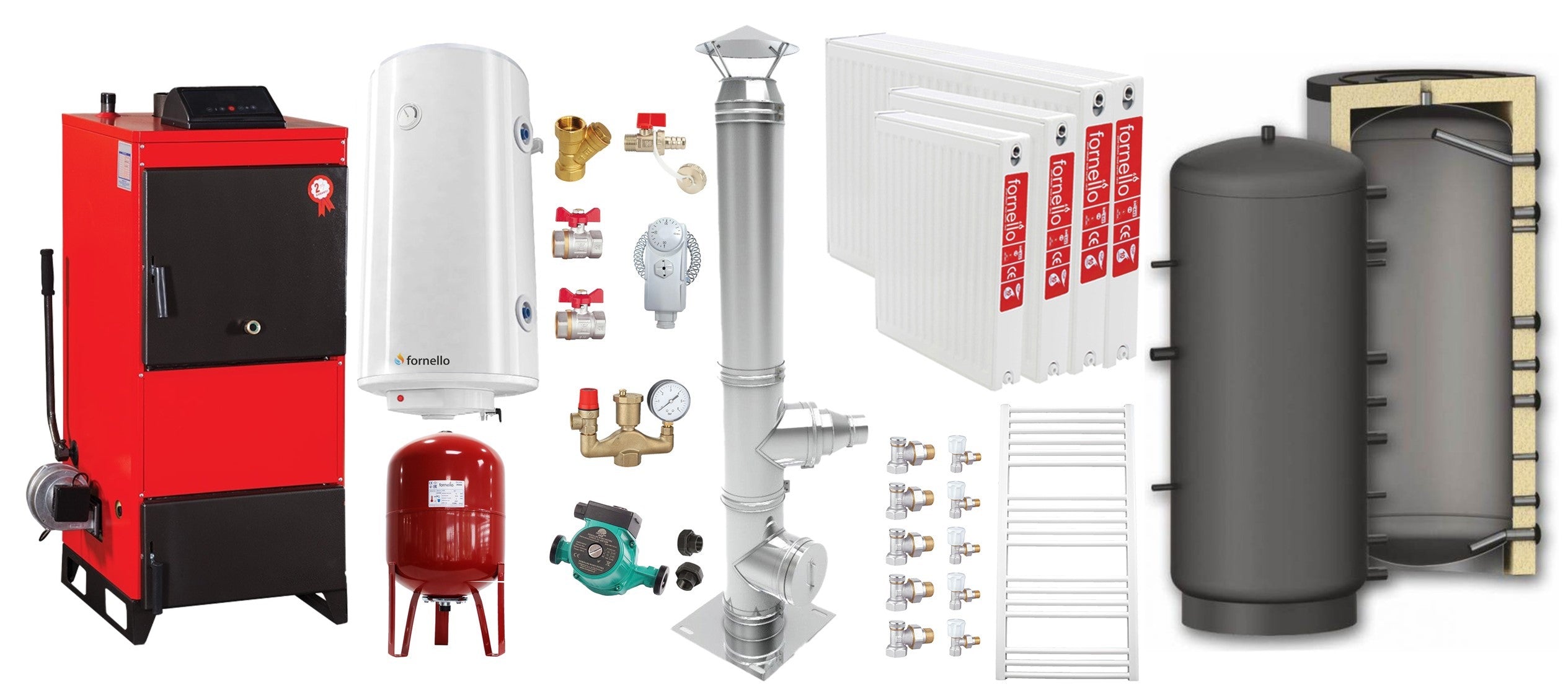 Pachet Centrala pe combustibil solid Fiama D2-25 Putere 29 kW, cu Ventilator si Automatizare, Puffer 800 litri, Cos inox, Radiatoare Otel, Boiler Termoelectric, Pompa, Vas Expansiune si Fitinguri