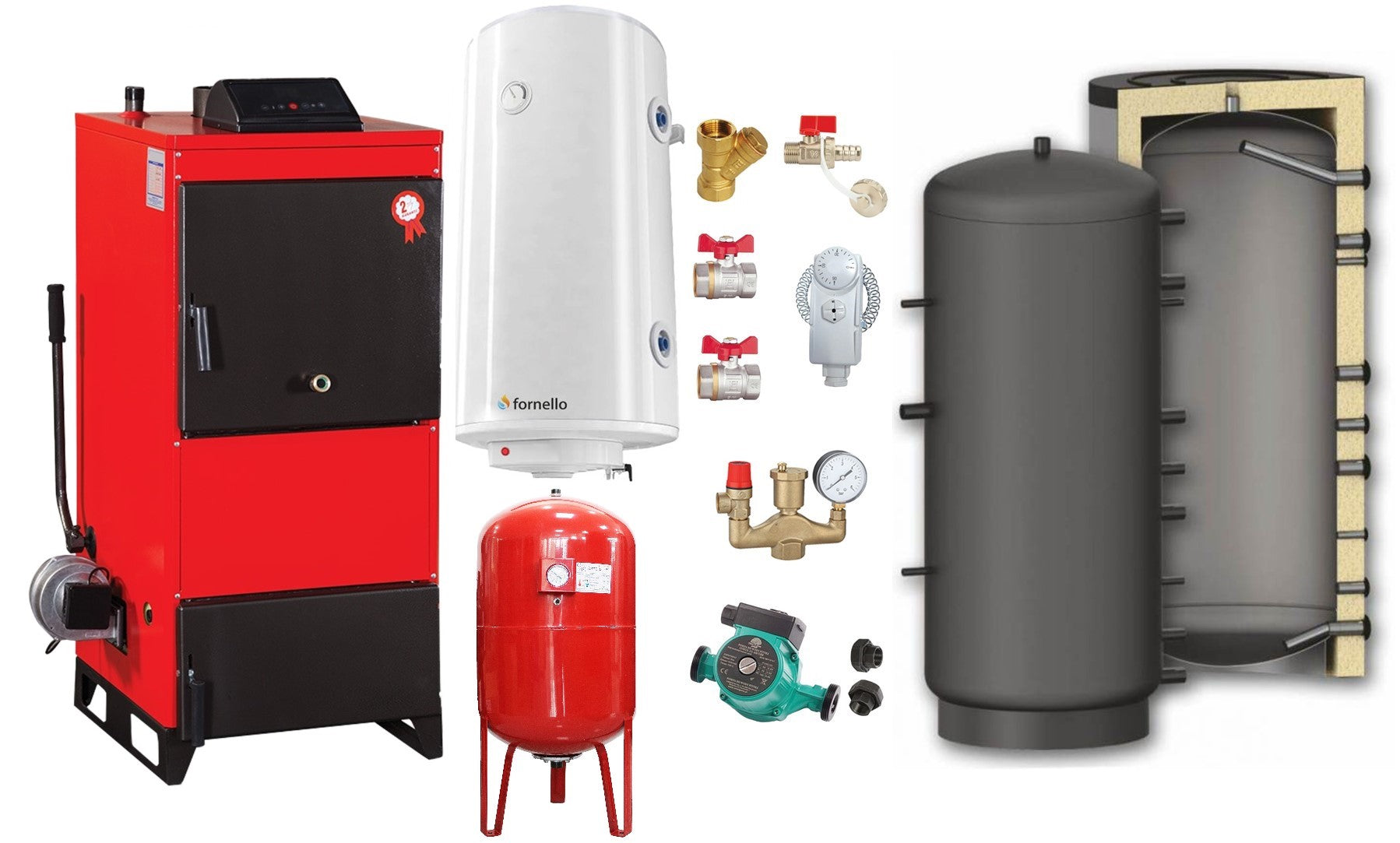 Pachet Centrala pe combustibil solid Fiama D2-40 Putere 46 kW, cu Ventilator si Automatizare, Puffer 1000 litri, Boiler Termoelectric, Pompa, Vas Expansiune si Fitinguri