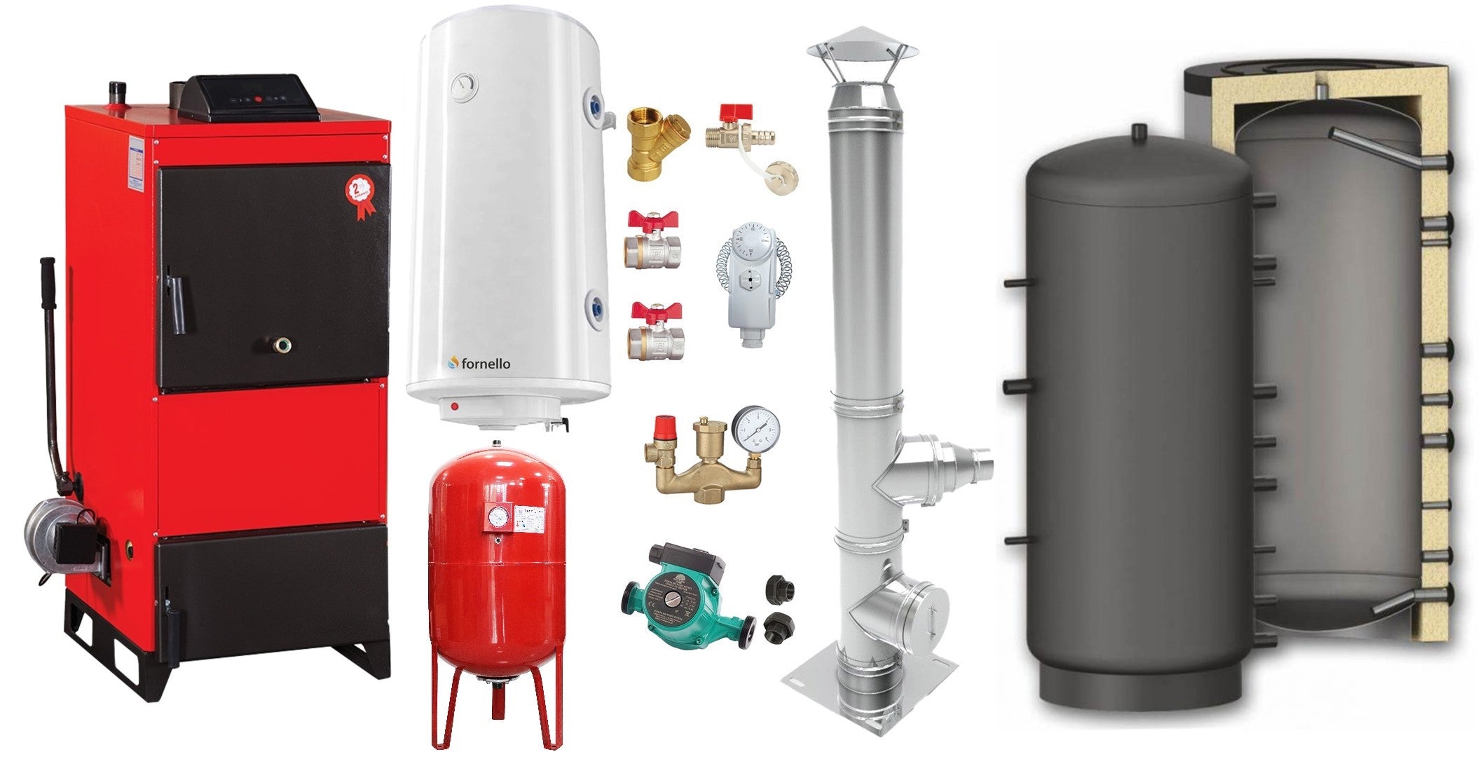 Pachet Centrala pe combustibil solid Fiama D2-40 Putere 46 kW, cu Ventilator si Automatizare, Puffer 1000 litri, Cos inox, Boiler Termoelectric, Pompa, Vas Expansiune si Fitinguri