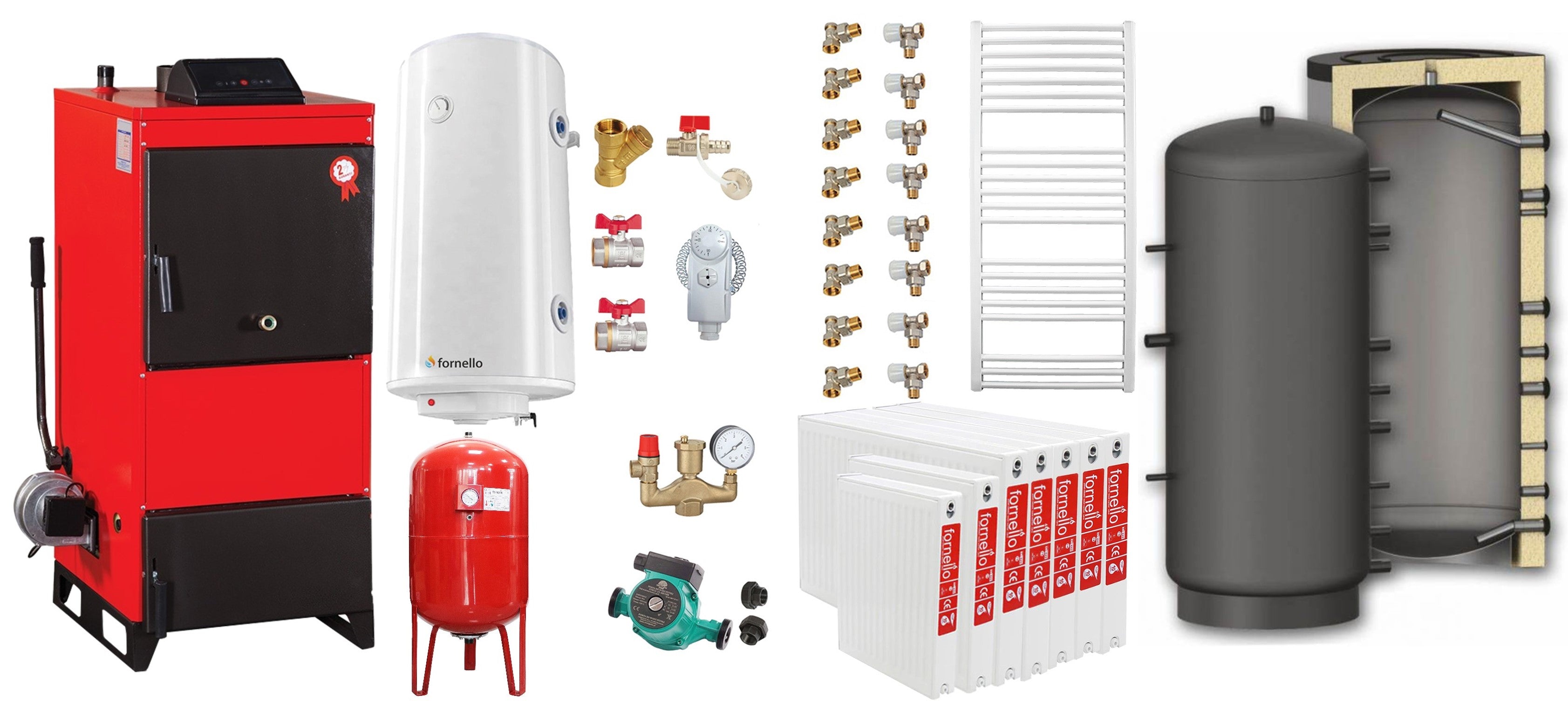Pachet Centrala pe combustibil solid Fiama D2-40 Putere 46 kW, cu Ventilator si Automatizare, Puffer 1000 litri, Radiatoare Otel, Boiler Termoelectric, Pompa, Vas Expansiune si Fitinguri