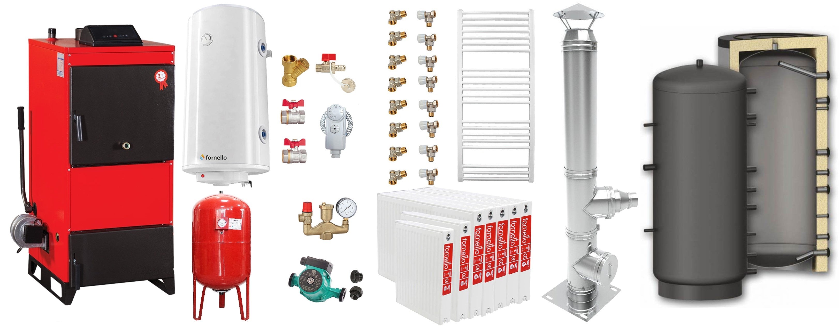Pachet Centrala pe combustibil solid Fiama D2-40 Putere 46 kW, cu Ventilator si Automatizare, Puffer 1000 litri, Cos inox, Radiatoare Otel, Boiler Termoelectric, Pompa, Vas Expansiune si Fitinguri