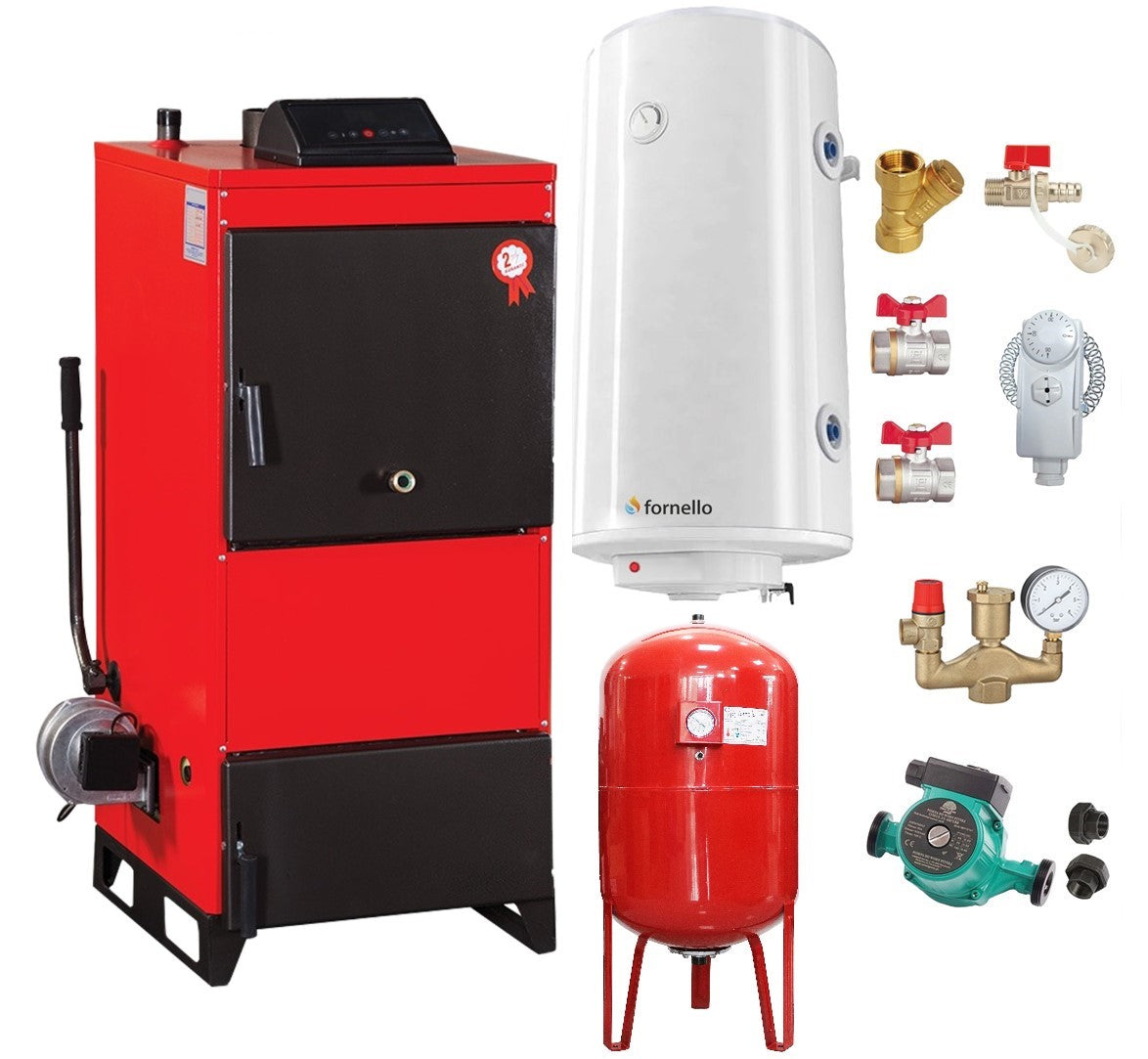 Pachet Centrala pe combustibil solid Fiama D2-60 Putere 70 kW, cu Ventilator si Automatizare, Boiler Termoelectric, Pompa, Vas Expansiune si Fitinguri