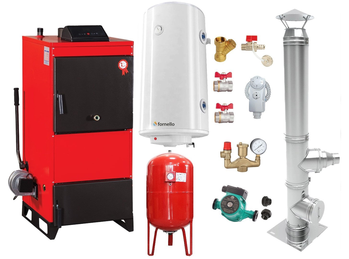 Pachet Centrala pe combustibil solid Fiama D2-60 Putere 70 kW, cu Ventilator si Automatizare, Cos inox, Boiler Termoelectric, Pompa, Vas Expansiune si Fitinguri