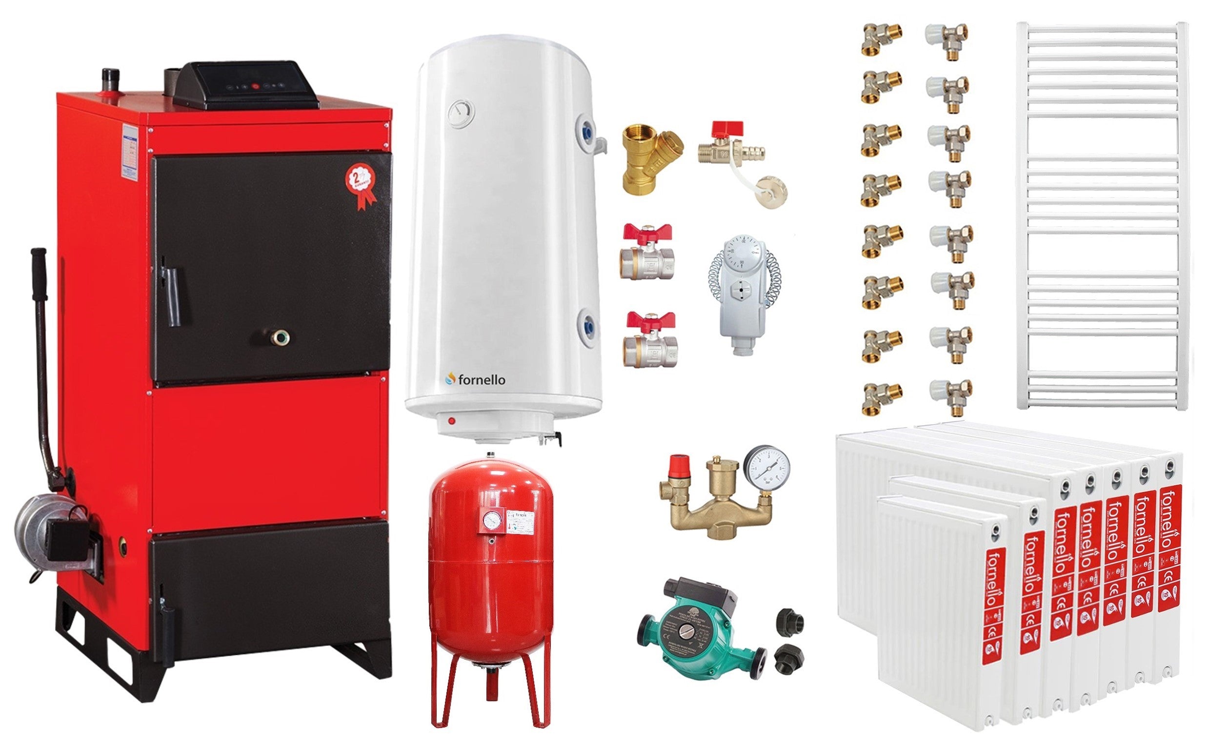Pachet Centrala pe combustibil solid Fiama D2-60 Putere 70 kW, cu Ventilator si Automatizare, Radiatoare Otel, Boiler Termoelectric, Pompa, Vas Expansiune si Fitinguri