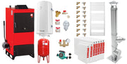 Pachet Centrala pe combustibil solid Fiama D2-60 Putere 70 kW, cu Ventilator si Automatizare, Cos inox, Radiatoare Otel, Boiler Termoelectric, Pompa, Vas Expansiune si Fitinguri