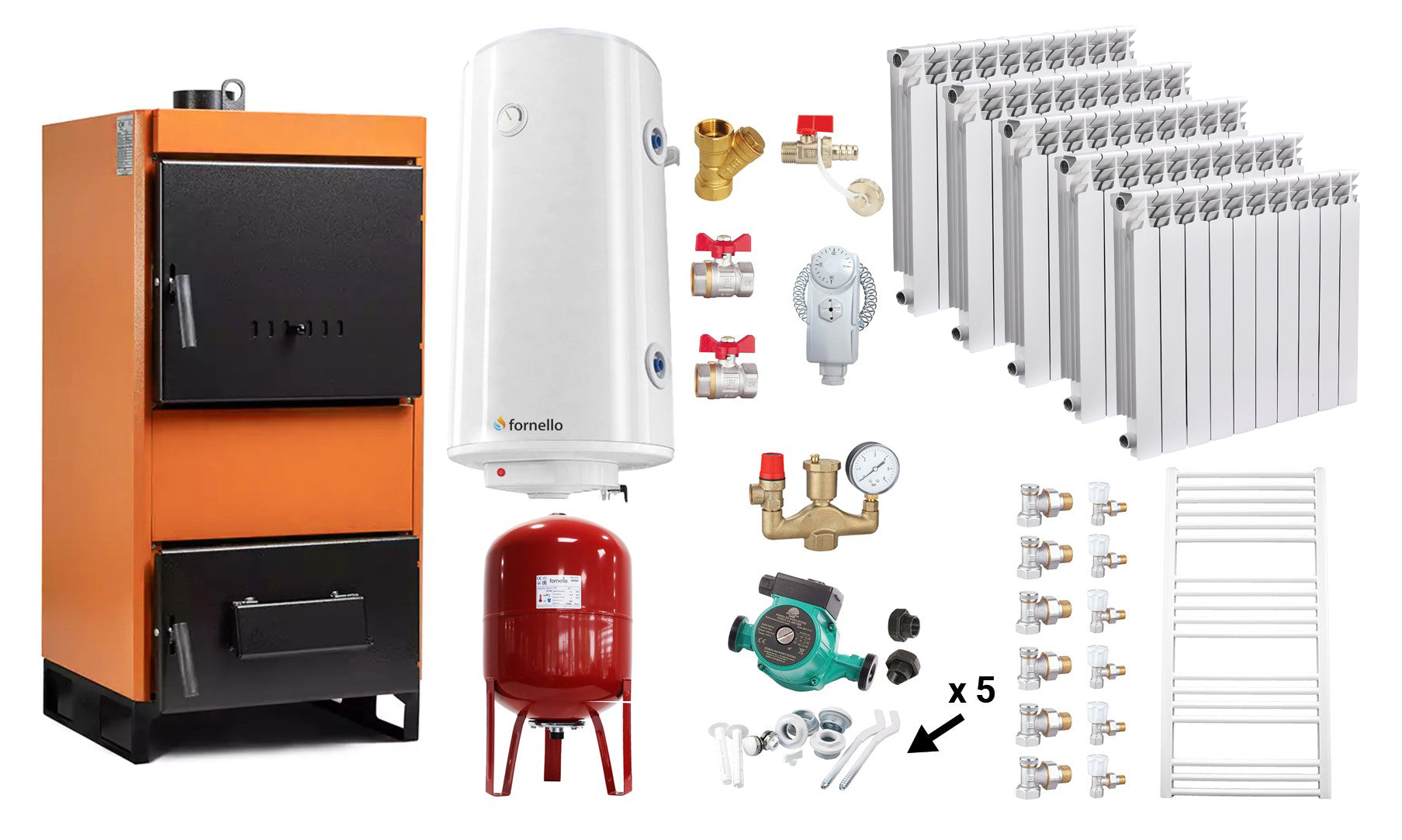 Pachet Centrala pe combustibil solid Fiama W 25 kW, Calorifere aluminiu Fornello Alvo, Boiler Termoelectric, Vas Expansune, Pompa si Fitinguri Montaj