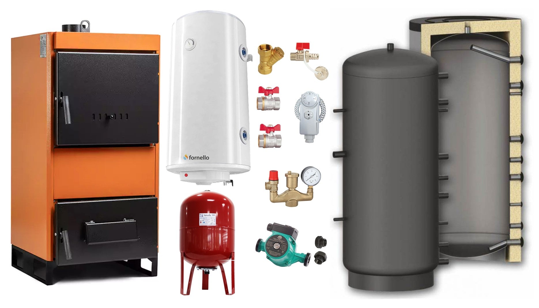 Pachet Centrala pe combustibil solid Fiama W 25 kW, Puffer 800 litri, Boiler Termoelectric, Vas Expansune, Pompa si Fitinguri Montaj