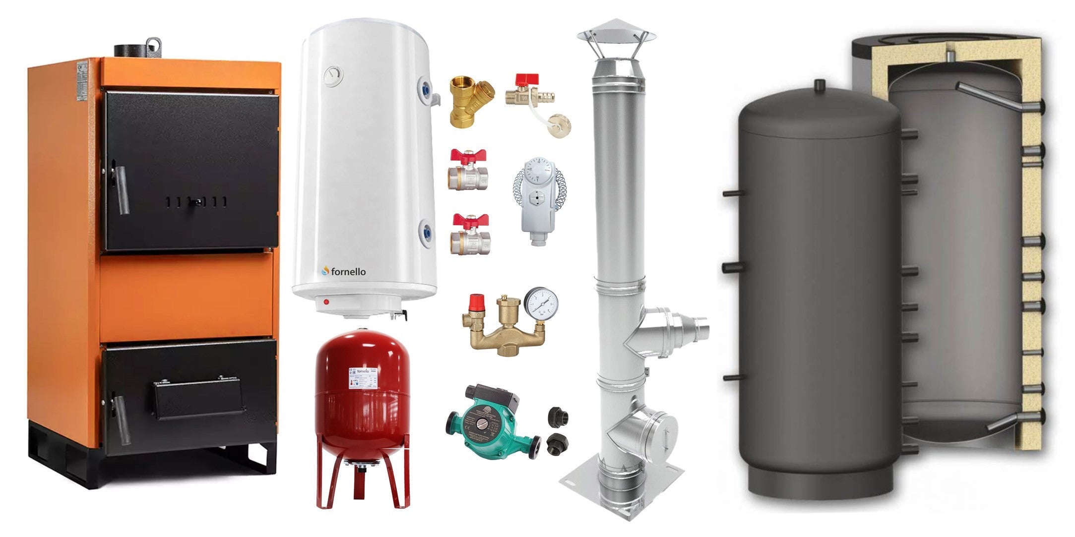 Pachet Centrala pe combustibil solid Fiama W 25 kW, Puffer 800 litri, Cos inox, Boiler Termoelectric, Vas Expansune, Pompa si Fitinguri Montaj