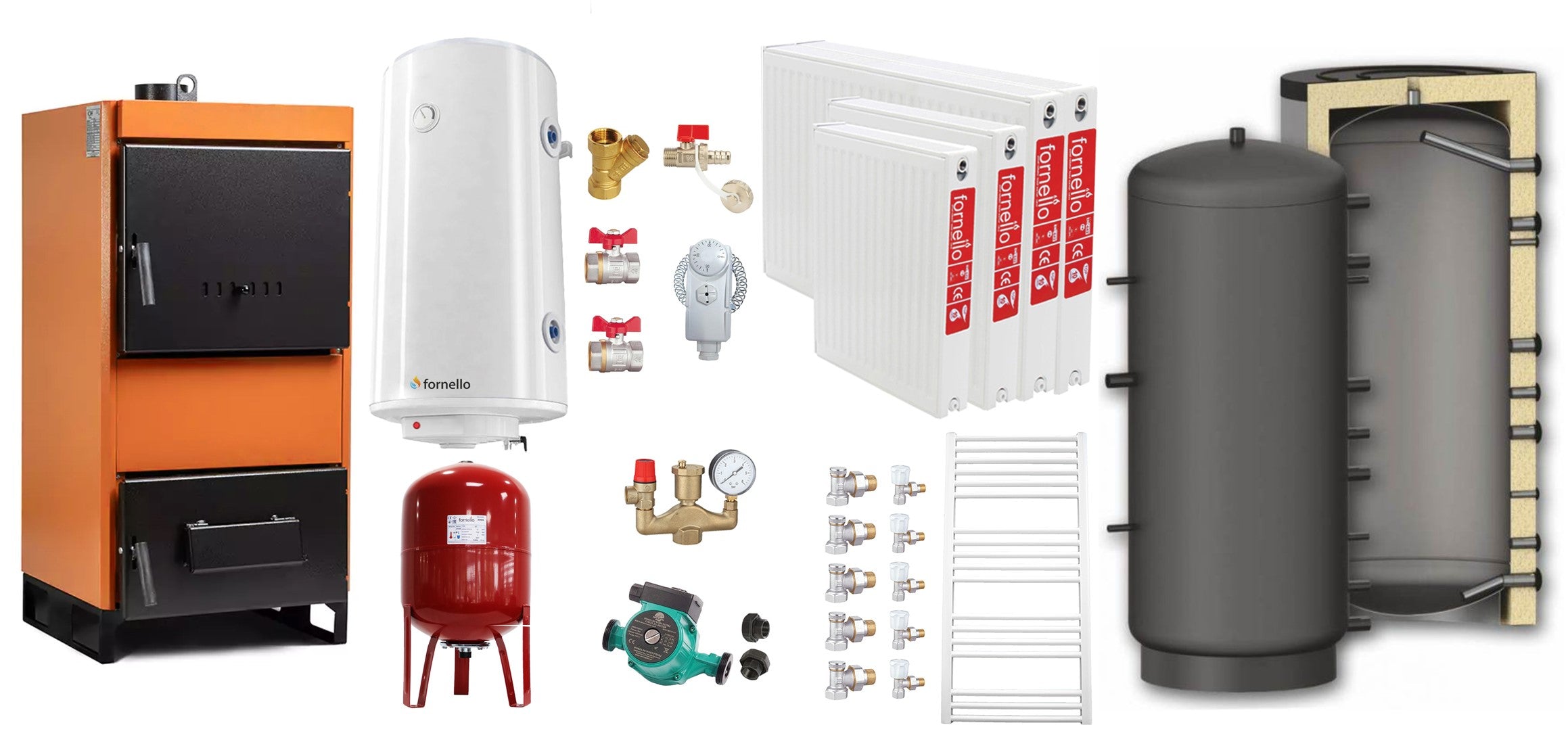 Pachet Centrala pe combustibil solid Fiama W 25 kW, Puffer 800 litri, Radiatoare Otel, Boiler Termoelectric, Vas Expansune, Pompa si Fitinguri Montaj