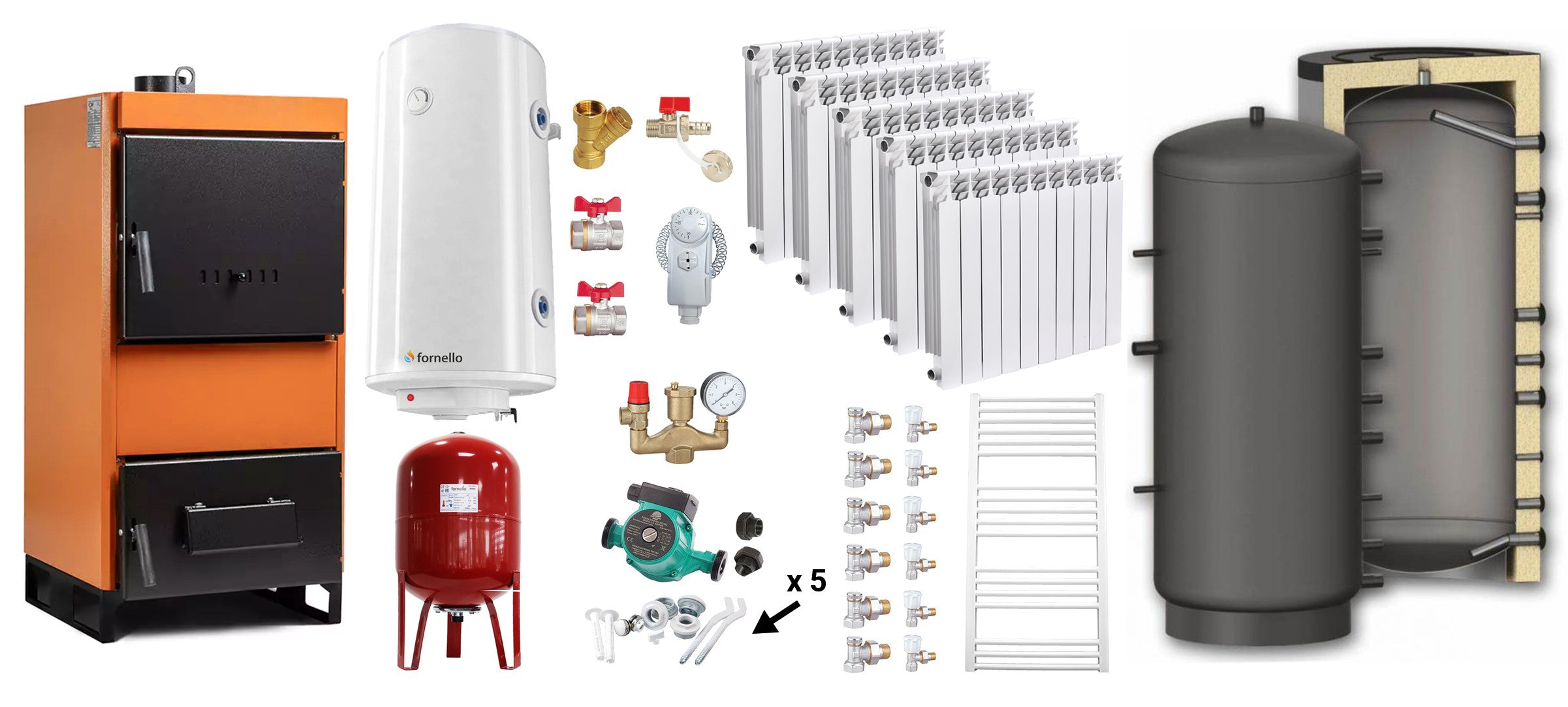 Pachet Centrala pe combustibil solid Fiama W 25 kW, Puffer 800 litri, Calorifere aluminiu Fornello Alvo, Boiler Termoelectric, Vas Expansune, Pompa si Fitinguri Montaj