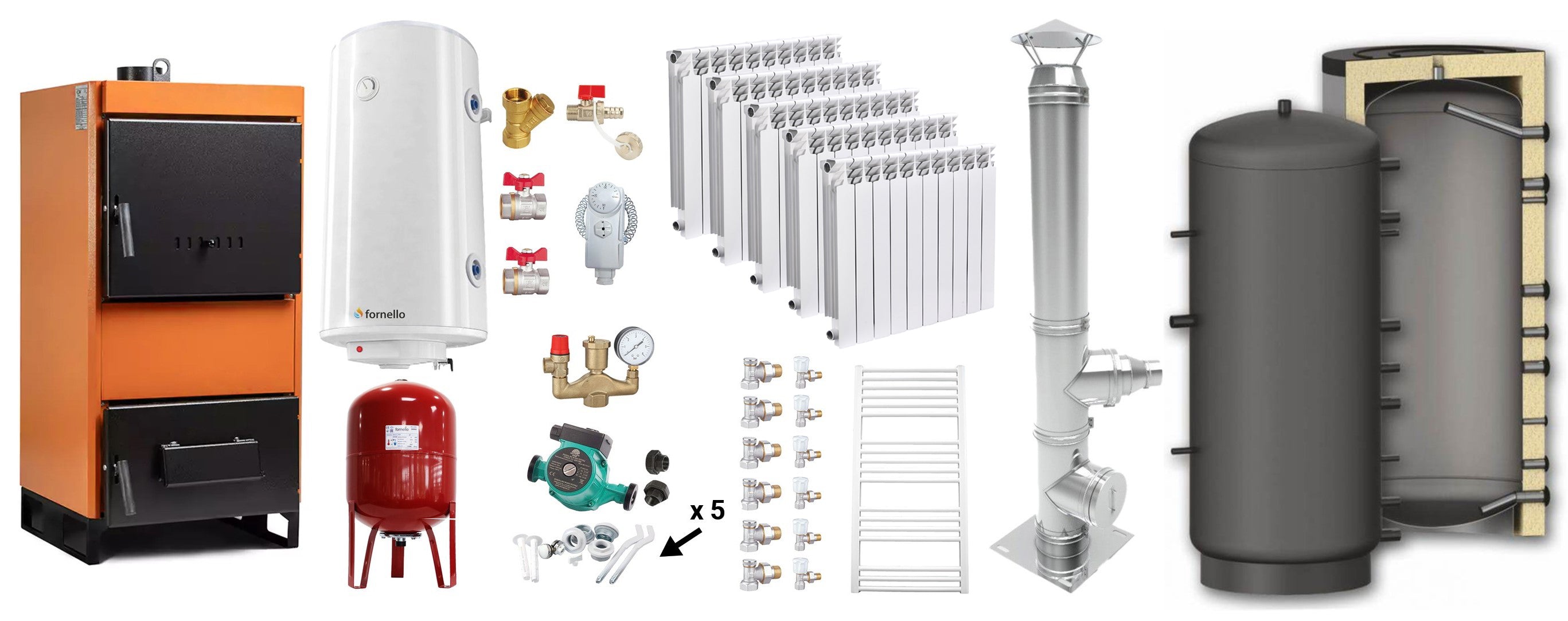 Pachet Centrala pe combustibil solid Fiama W 25 kW, Puffer 800 litri, Cos Inox, Calorifere aluminiu Fornello Alvo, Boiler Termoelectric, Vas Expansune, Pompa si Fitinguri Montaj