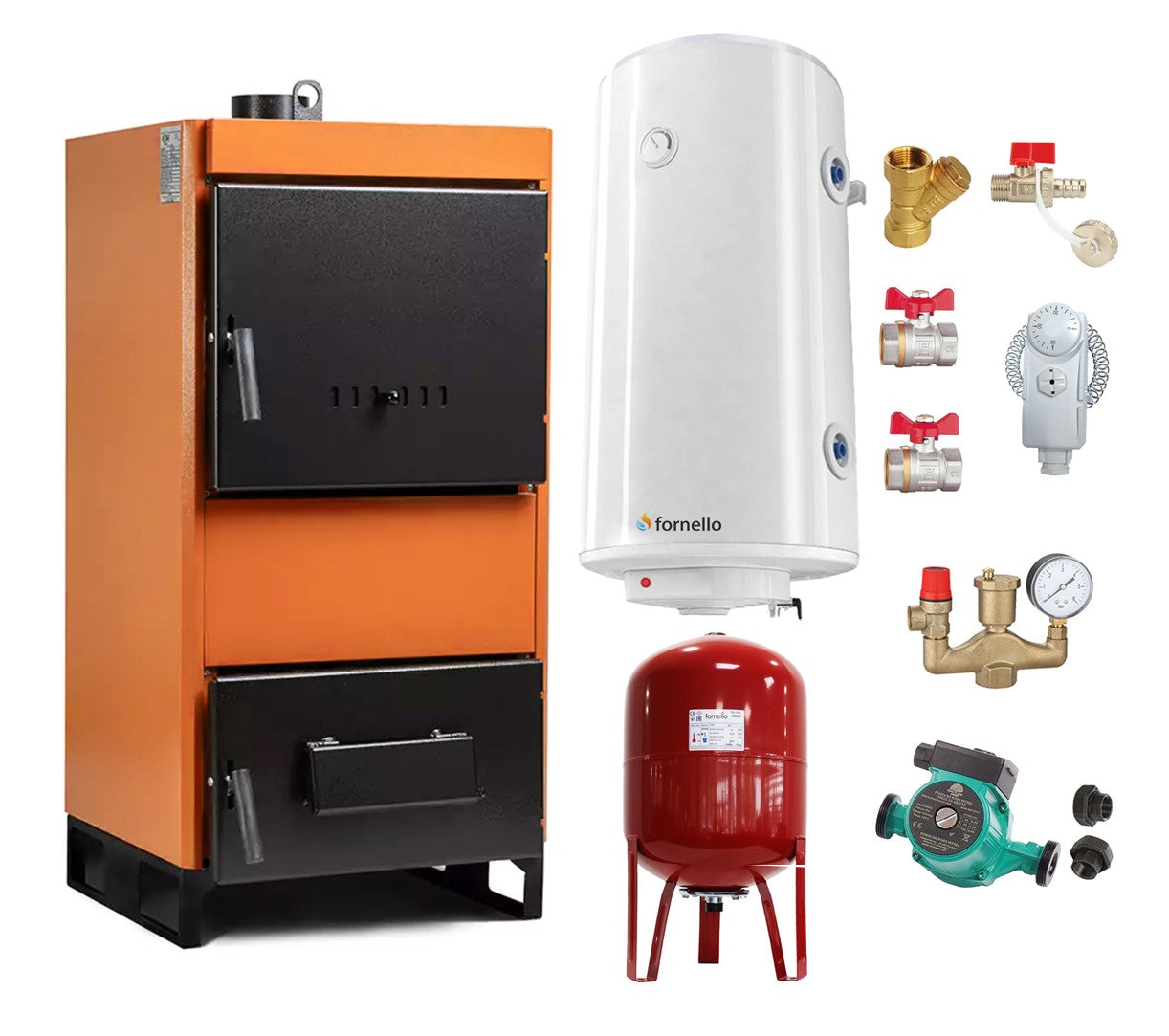 Pachet Centrala pe combustibil solid Fiama W 35 kW, Boiler Termoelectric, Vas Expansune, Pompa si Fitinguri Montaj