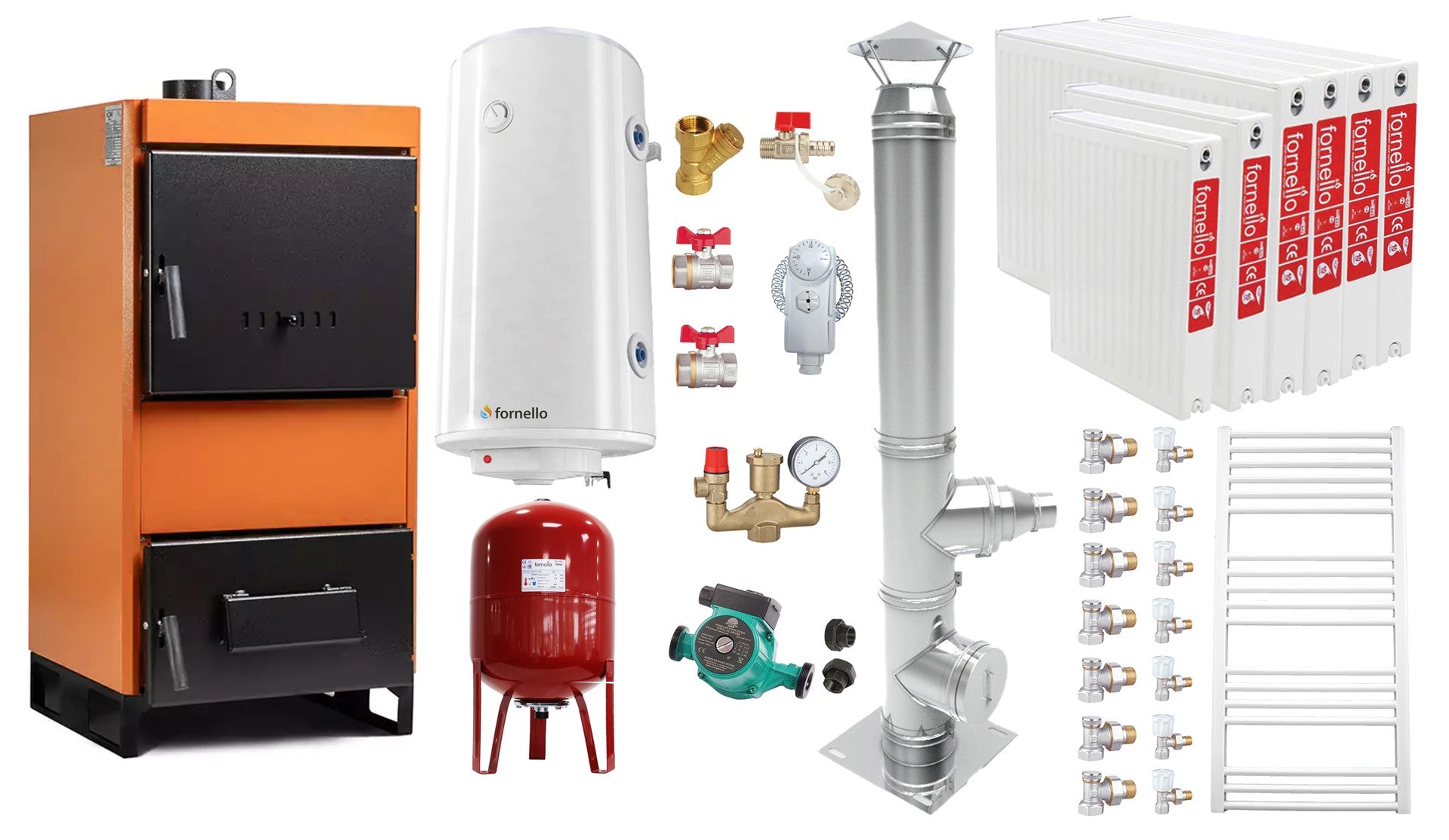 Pachet Centrala pe combustibil solid Fiama W 45 kW, Cos inox, Radiatoare Otel, Boiler Termoelectric, Vas Expansune, Pompa si Fitinguri Montaj
