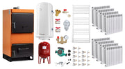 Pachet Centrala pe combustibil solid Fiama W 45 kW, Calorifere aluminiu Fornello Alvo, Boiler Termoelectric, Vas Expansune, Pompa si Fitinguri Montaj