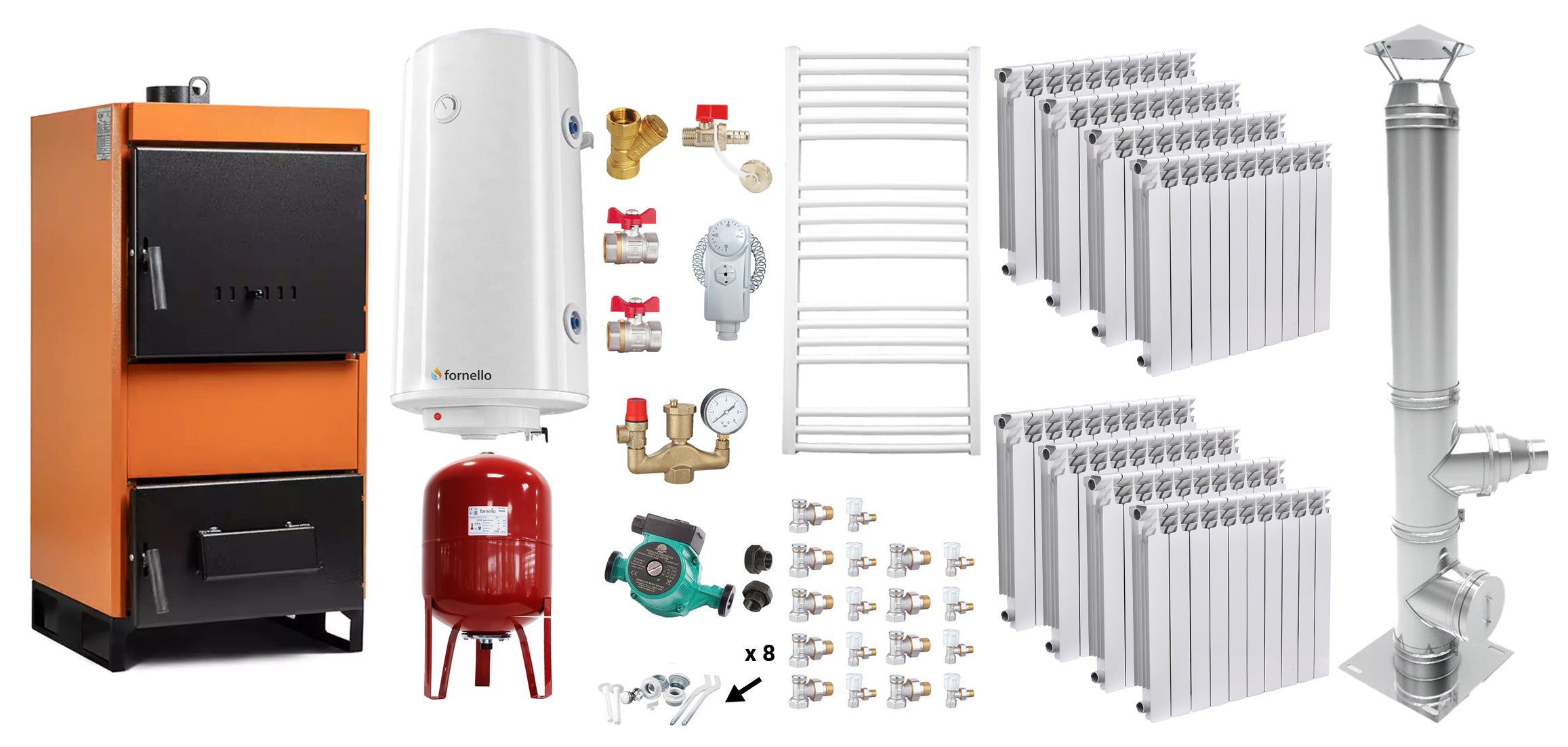 Pachet Centrala pe combustibil solid Fiama W 45 kW, Cos inox, Calorifere aluminiu Fornello Alvo, Boiler Termoelectric, Vas Expansune, Pompa si Fitinguri Montaj