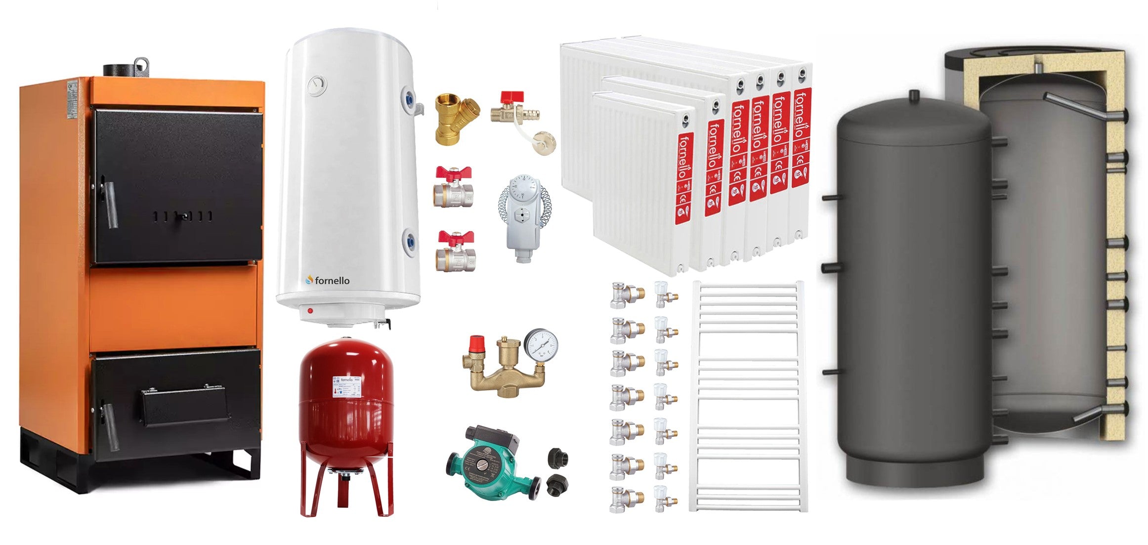 Pachet Centrala pe combustibil solid Fiama W 45 kW, Puffer 1000 litri, Radiatoare Otel, Boiler Termoelectric, Vas Expansune, Pompa si Fitinguri Montaj