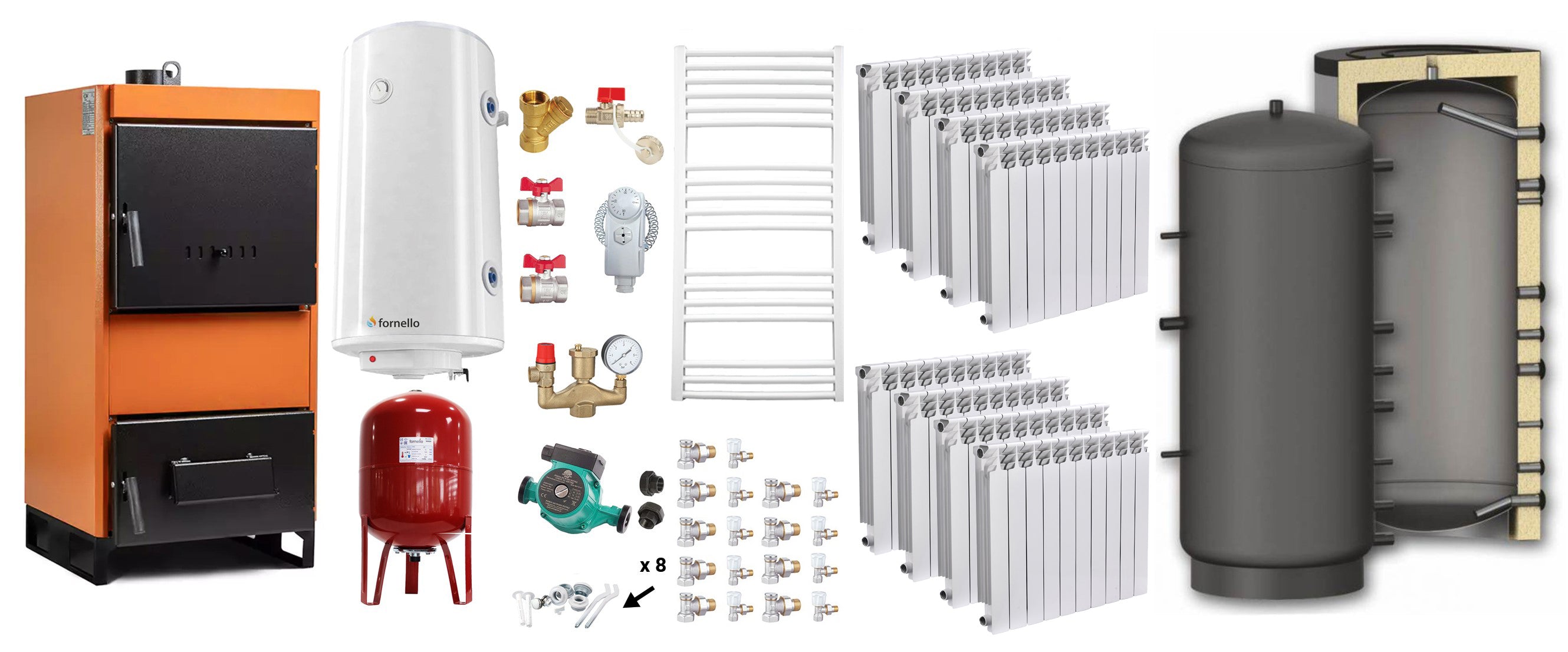 Pachet Centrala pe combustibil solid Fiama W 45 kW, Puffer 1000 litri, Calorifere aluminiu Fornello Alvo, Boiler Termoelectric, Vas Expansune, Pompa si Fitinguri Montaj
