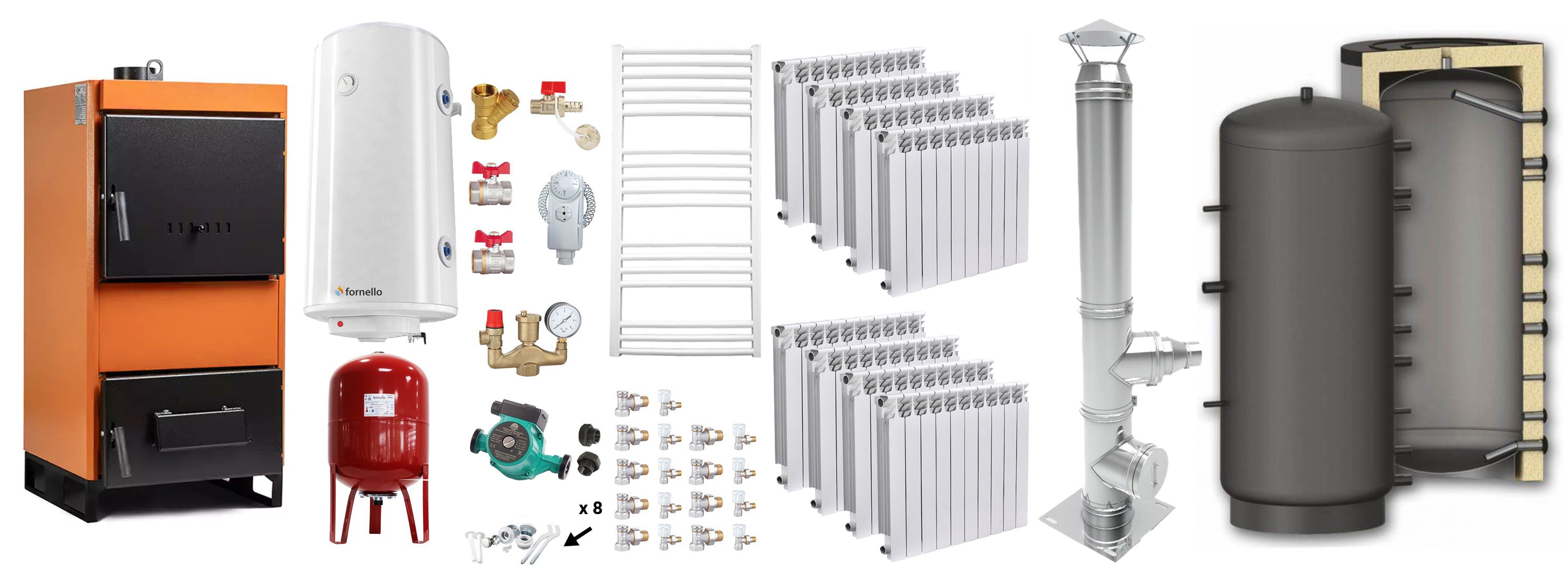Pachet Centrala pe combustibil solid Fiama W 45 kW, Puffer 1000 litri, Cos inox, Calorifere aluminiu Fornello Alvo, Boiler Termoelectric, Vas Expansune, Pompa si Fitinguri Montaj