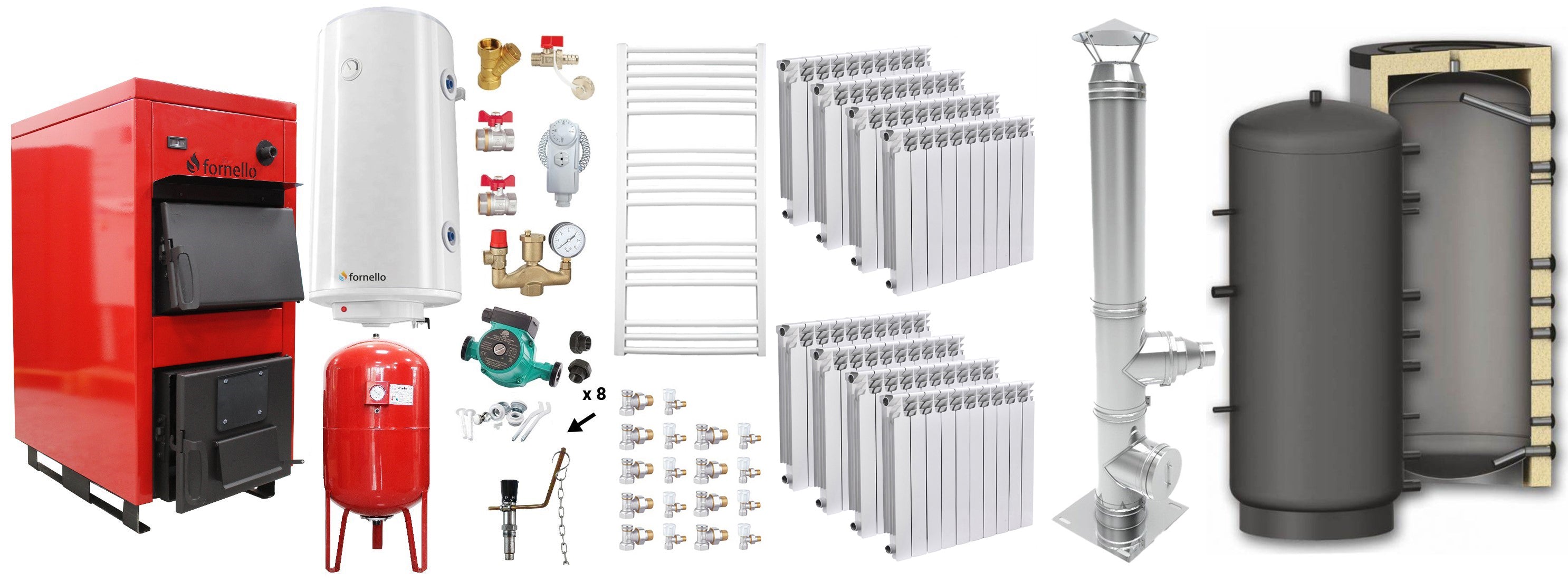 Pachet Centrala pe combustibil solid Fornello Eco Energy WB 40 kW, Puffer 1000 litri, Cos Inox, Calorifere Aluminiu Fornello Alvo, Boiler Termoelectric, Vas Expansune, Pompa si Fitinguri Montaj