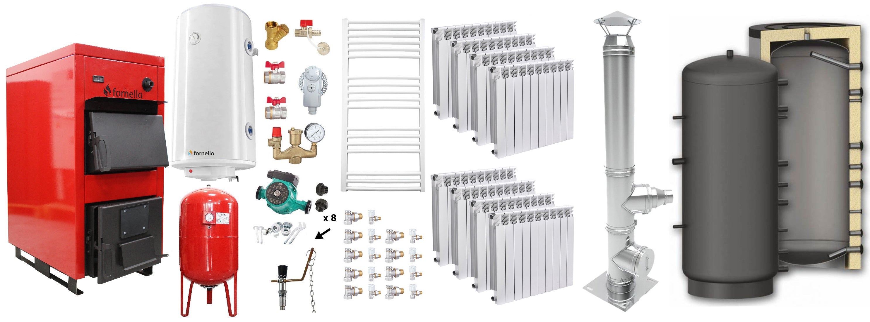 Pachet Centrala pe combustibil solid Fornello Eco Energy WB 50 kW, Puffer 1000 litri, Cos Inox, Calorifere Aluminiu Fornello Alvo, Boiler Termoelectric, Vas Expansune, Pompa si Fitinguri Montaj