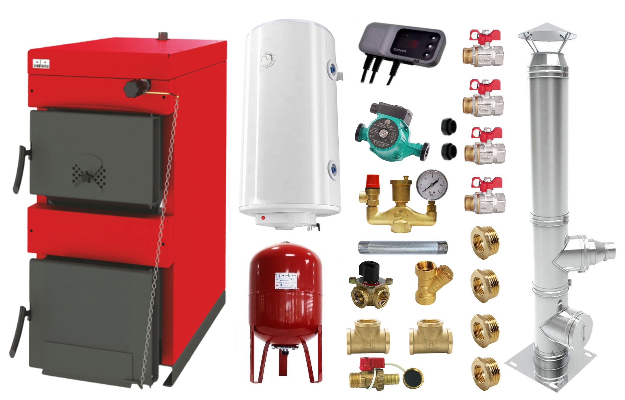 Pachet Centrala pe combustibil solid Sunsystem Burnit NWB 35 kW, cos inox, boiler termoelectric, vas expansiune, pompa circulare, controller pompa, fitinguri montaj