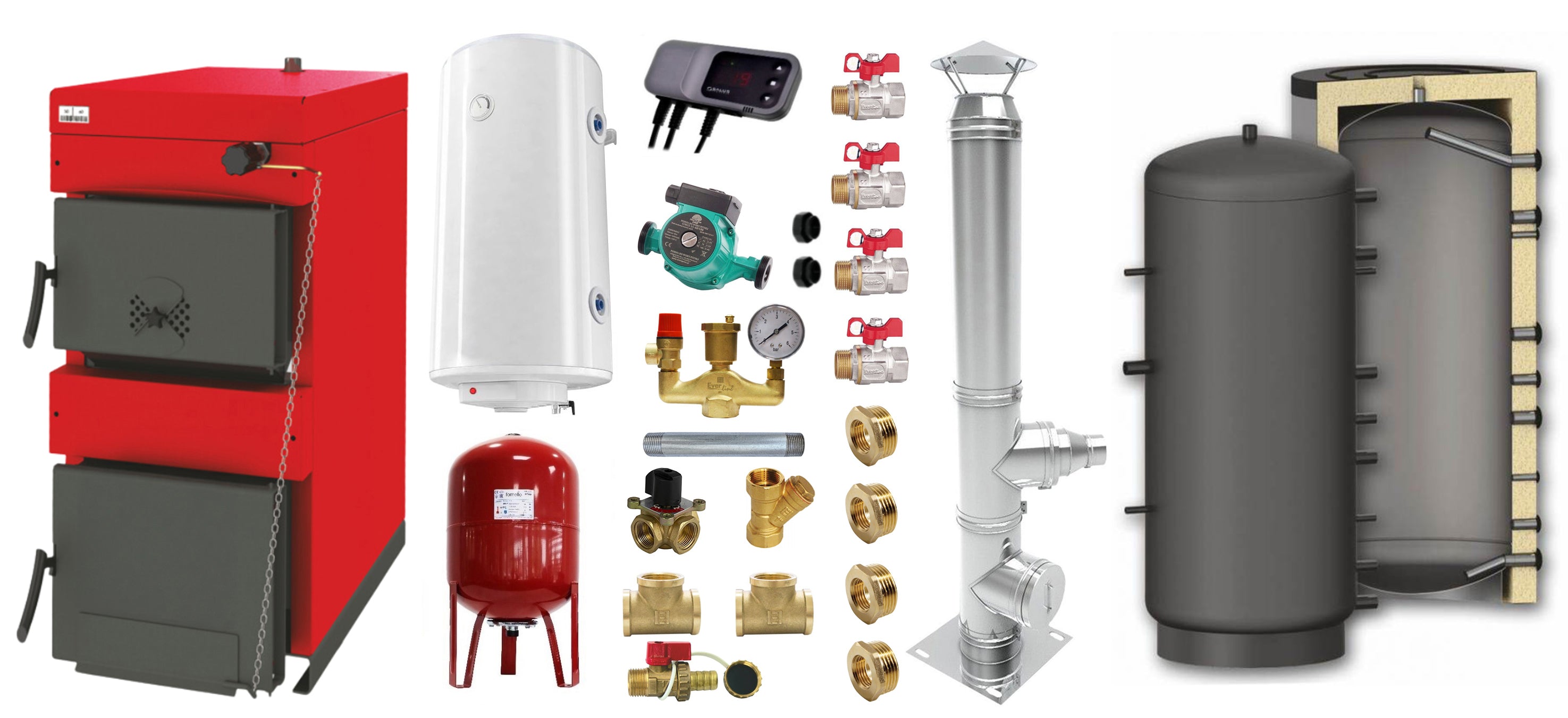 Pachet Centrala pe combustibil solid Sunsystem Burnit NWB 35 kW, cos inox, puffer, boiler termoelectric, vas expansiune, pompa circulare, controller pompa, fitinguri montaj
