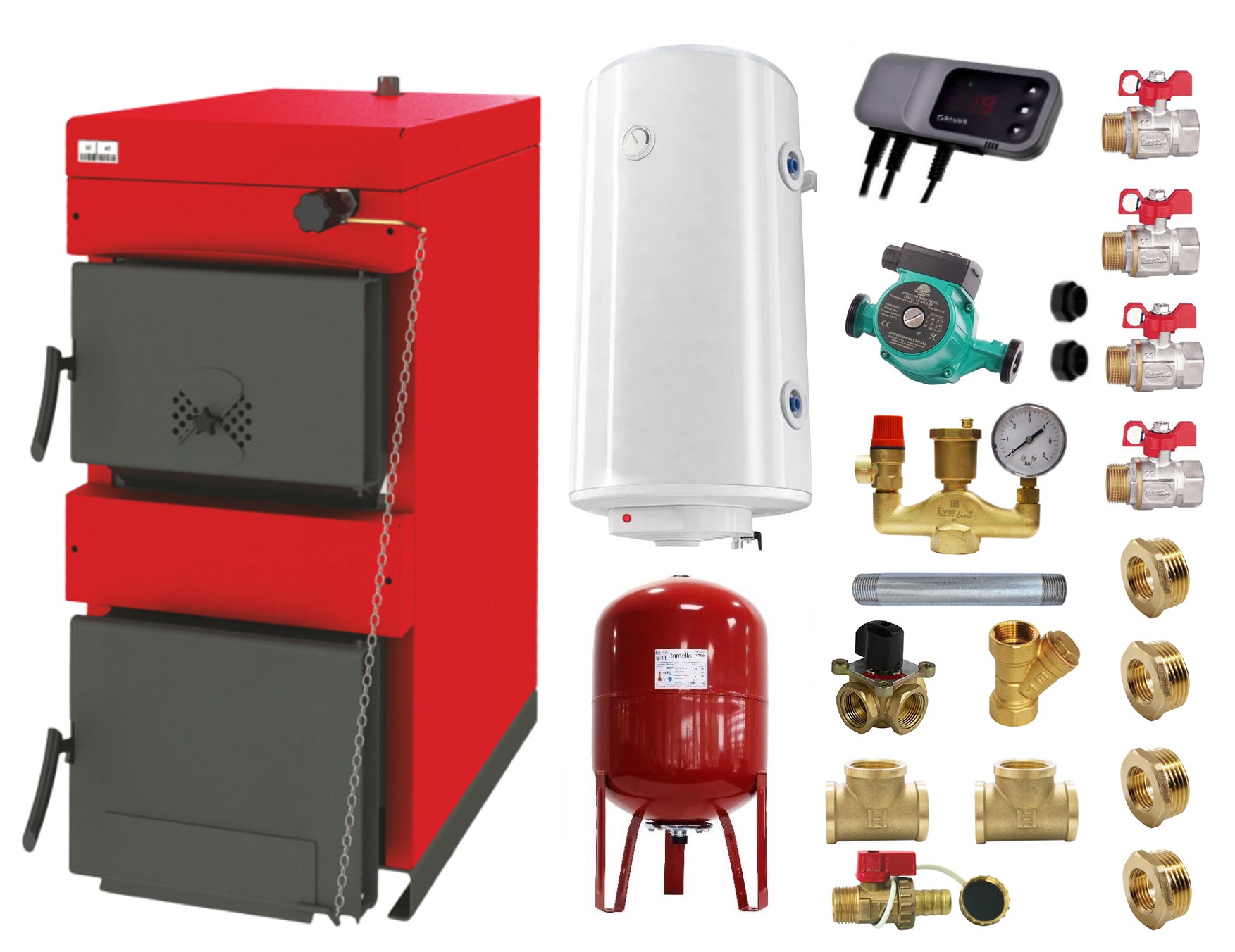 Pachet Centrala pe combustibil solid Sunsystem Burnit NWB 45 kW, boiler termoelectric, vas expansiune, pompa circulare, controller pompa, fitinguri montaj