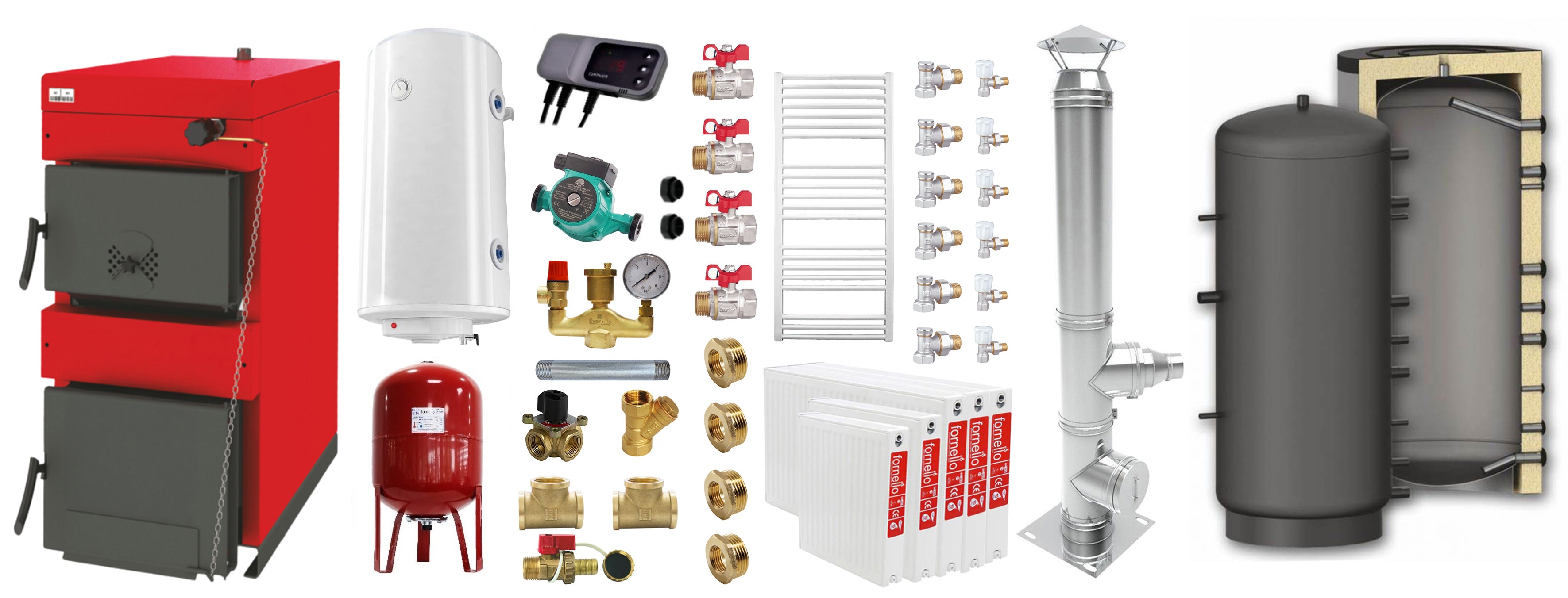 Pachet Centrala pe combustibil solid Sunsystem Burnit NWB 45 kW, puffer, cos inox, calorifere, boiler termoelectric, vas expansiune, pompa circulare, controller pompa, fitinguri montaj