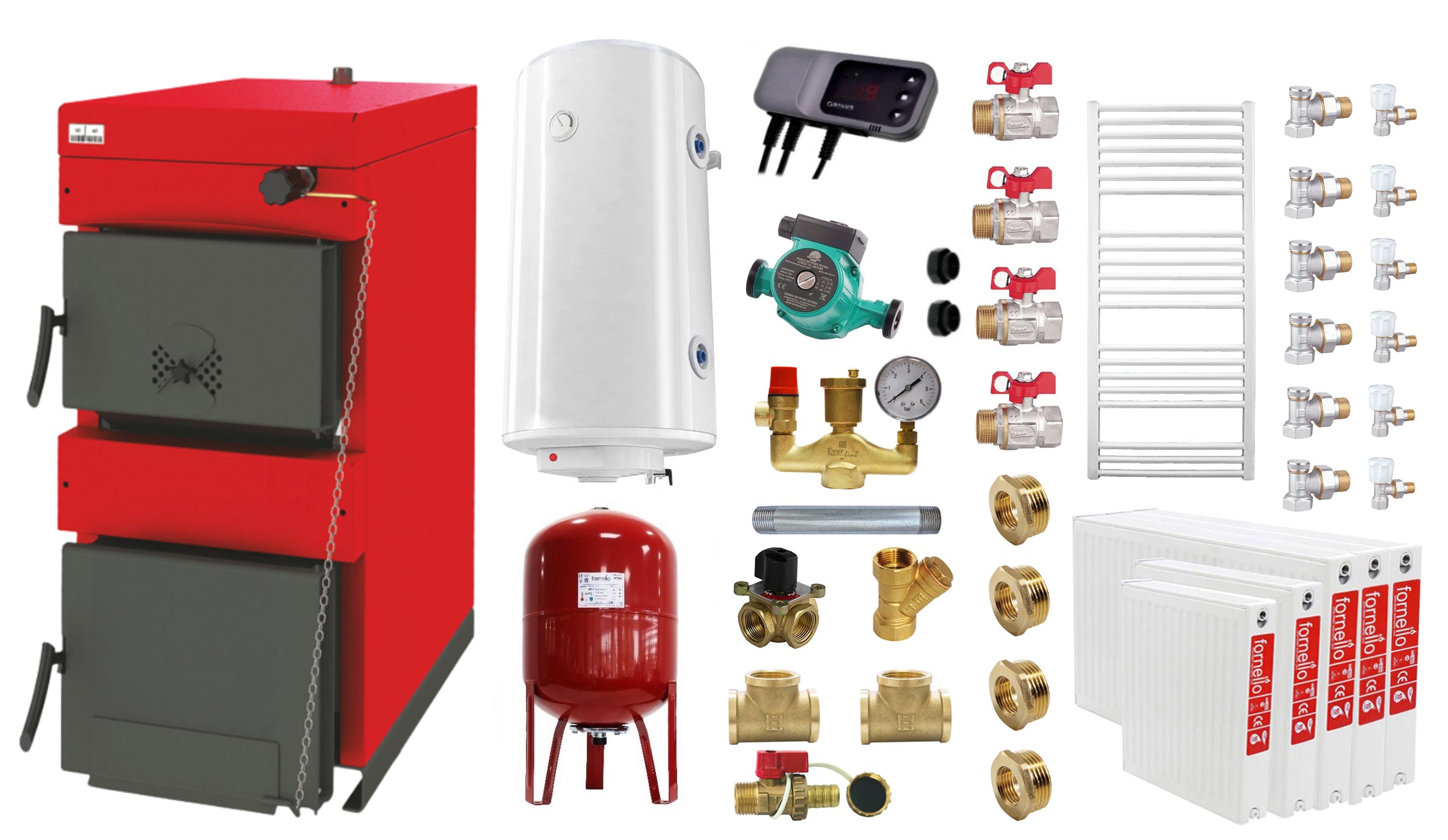 Pachet Centrala pe combustibil solid Sunsystem Burnit NWB 30 kW, calorifere, boiler termoelectric, vas expansiune, pompa circulare, controller pompa, fitinguri montaj