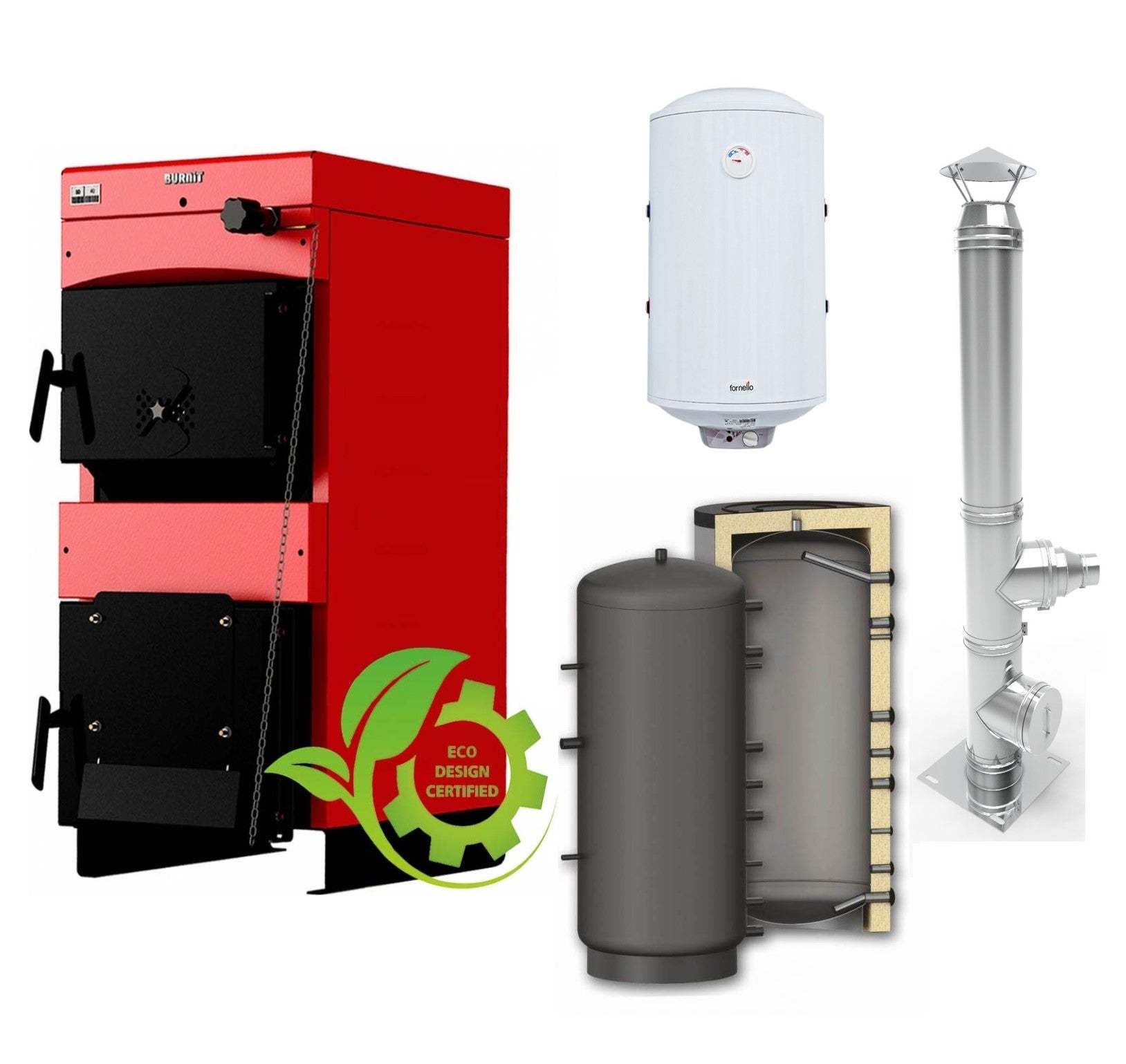 Pachet Centrala pe combustibil solid ​Sunsystem Burnit NWB MAX 55 kW, Puffer P 1000l, Cos inox 6 ml 200 mm, Boiler Termoelectric Fornello 100l