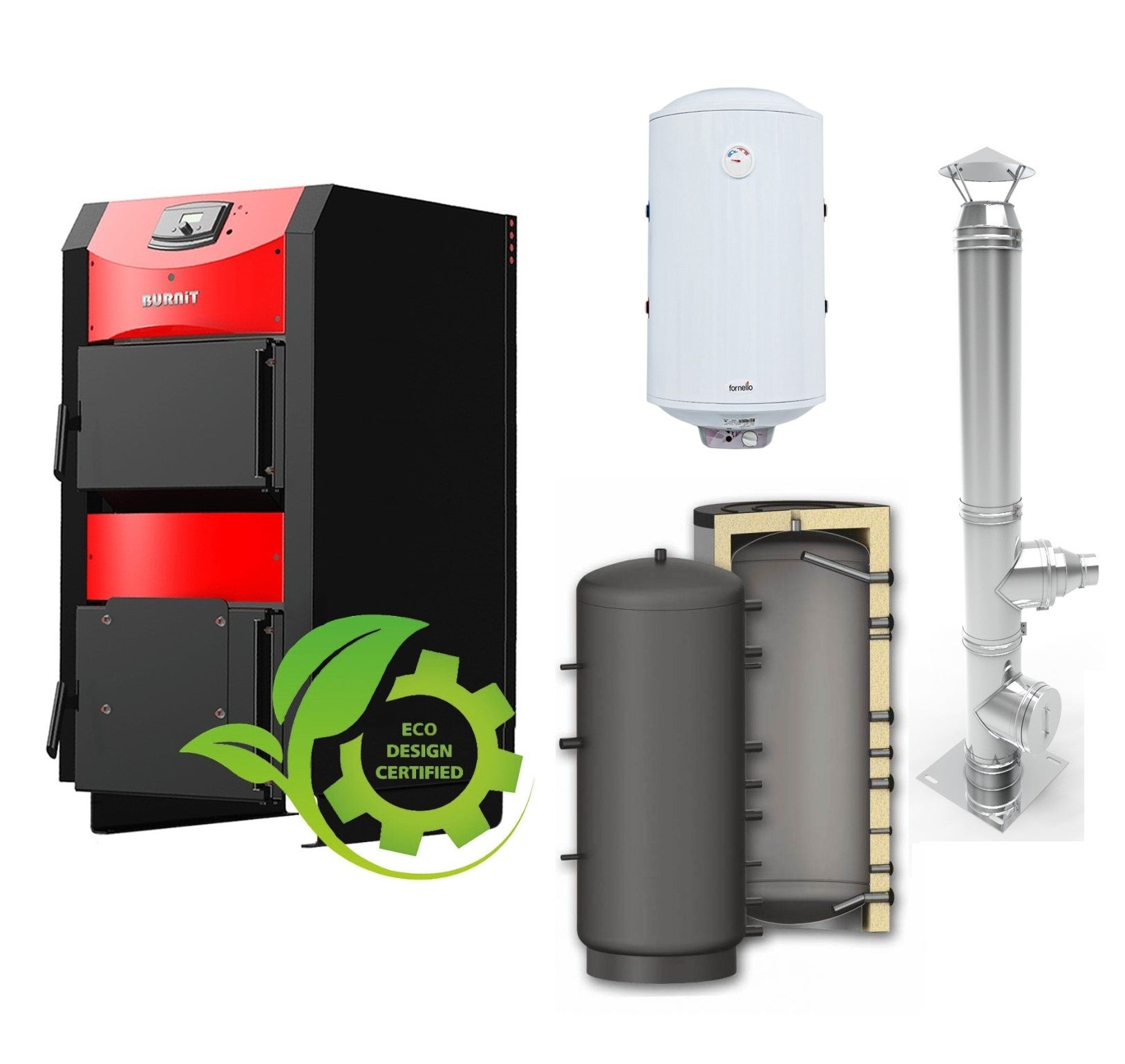 Pachet Centrala pe combustibil solid ​Sunsystem Burnit NWB PRIME 50 kW, Puffer P 1000l, Cos inox 6 ml 200 mm, Boiler Termoelectric Fornello 100l