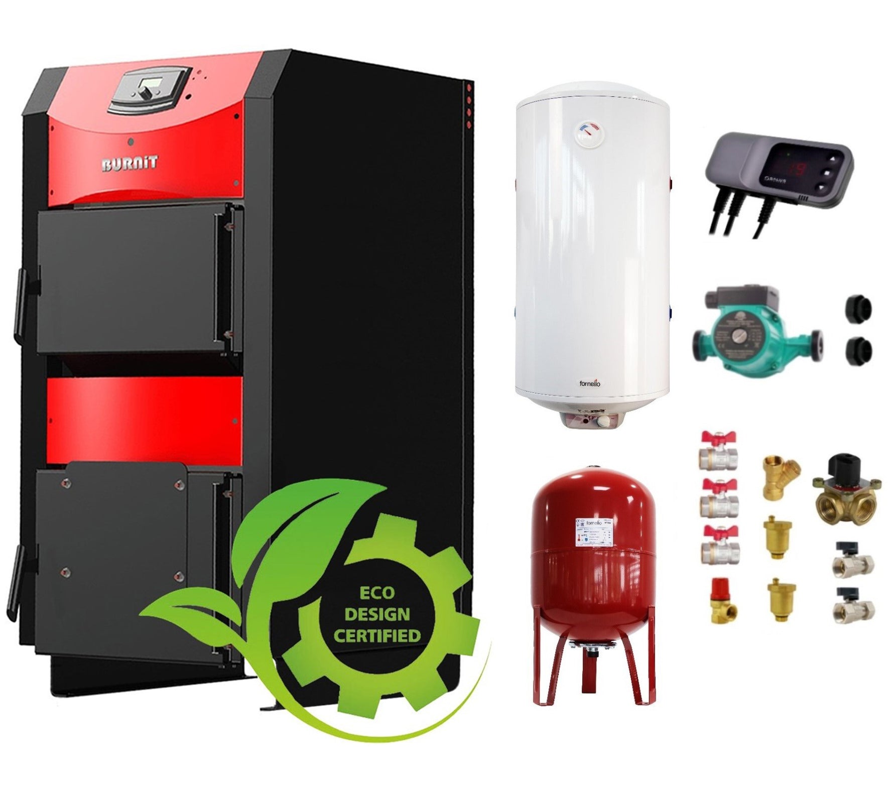 Pachet Centrala pe combustibil solid ​Sunsystem Burnit NWB PRIME 40 kW, boiler termoelectric, vas expansiune, pompa circulare, controller pompa, fitinguri montaj