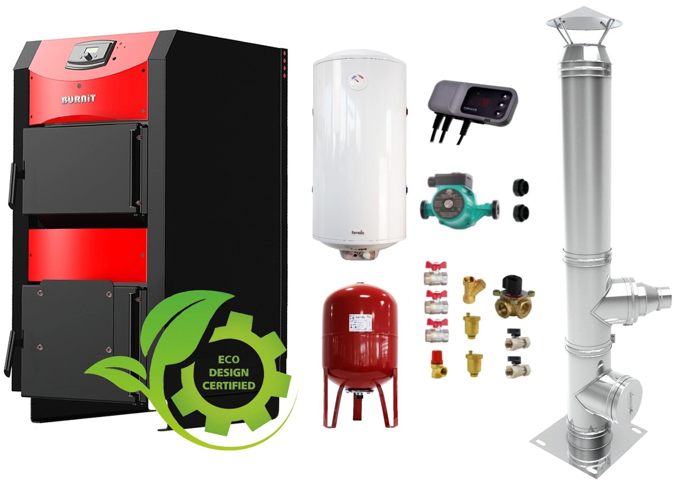 Pachet Centrala pe combustibil solid Sunsystem Burnit NWB PRIME 40 kW, cos inox, boiler termoelectric, vas expansiune, pompa circulare, controller pompa, fitinguri montaj