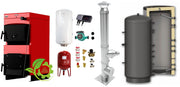 Pachet Centrala pe combustibil solid Sunsystem Burnit NWB MAX 55 kW, puffer, cos inox, boiler termoelectric, vas expansiune, pompa circulare, controller pompa, fitinguri montaj