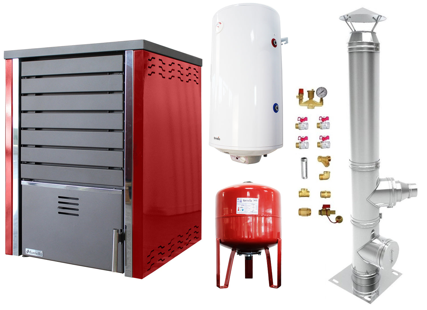 Pachet Centrala pe lemne FORNELLO SAUNA RED 30 kw echipata cu pompa de circulare, cos inox, boiler termoelectric 100l, vas expansiune si kit montaj