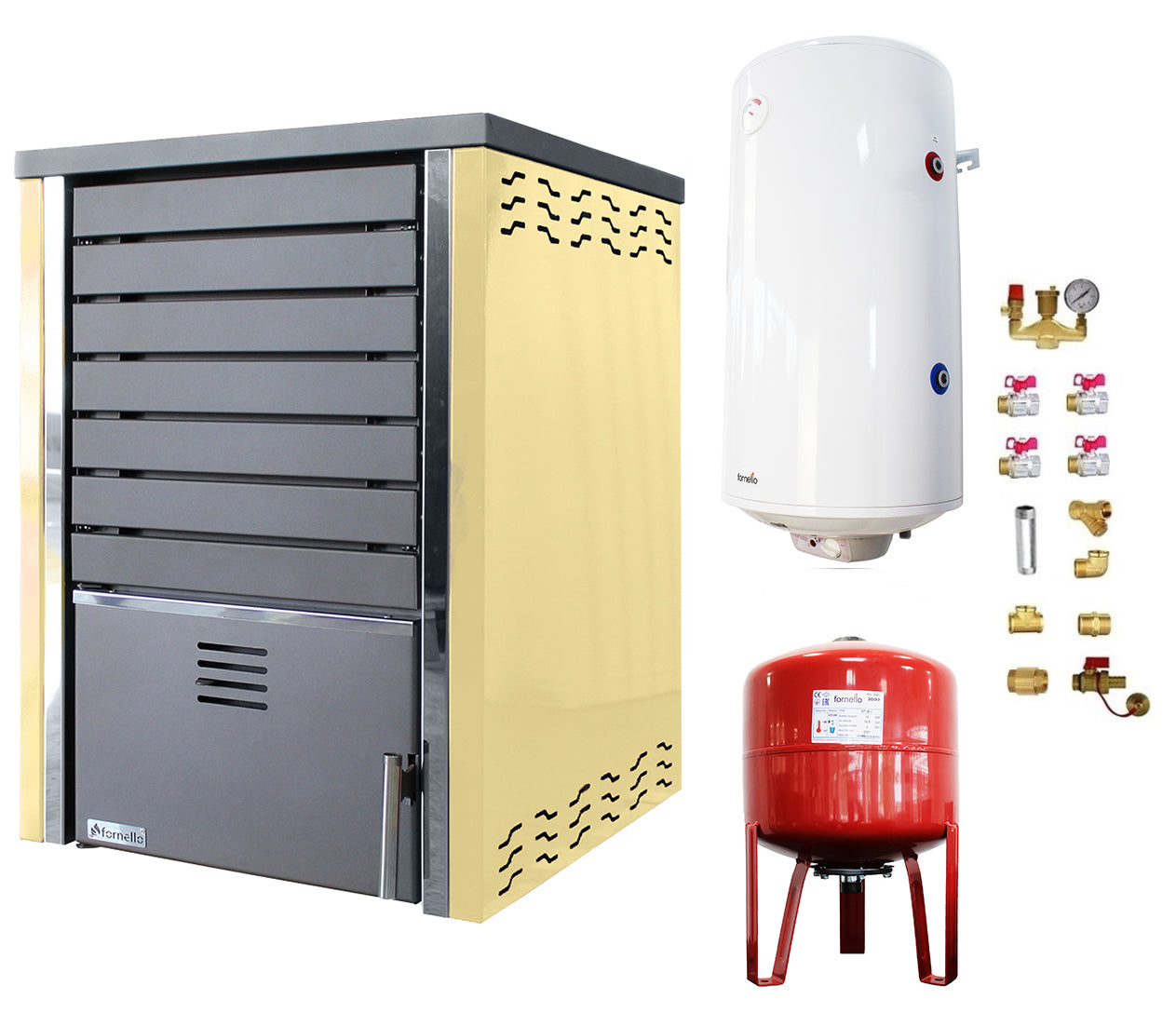 Pachet Centrala pe lemne FORNELLO SAUNA CREAM 30 kw echipata cu pompa de circulare, boiler termoelectric 100l, vas expansiune si kit montaj