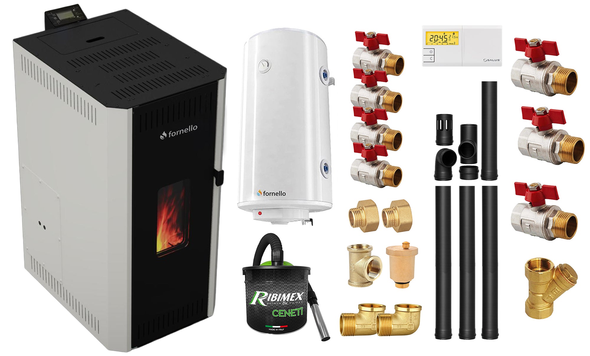 Pachet termosemineu pe peleti Fornello CALORE COMPACT 25 kW, pompa electronica, vas expansiune, arzator inox, grup de siguranta, kit evacuare 3.5 ml, termostat, aspiratior, boiler 100L si Fitinguri montaj centrala/boiler